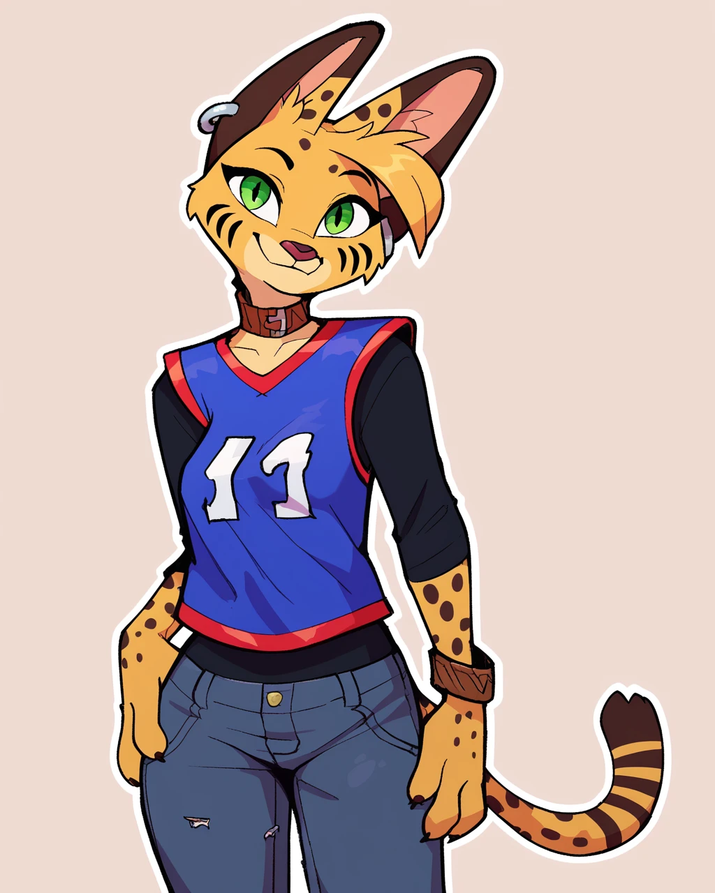score_9_up, score_8_up, score_7_up, score_6_up, by remanedur, half-length portrait, medium breasts, brown choker, serval, green eyes, female, looking at viewer, tail, 4 fingers, ear piercing, brown bracelet, bracelet, collar, denim bottomwear, denim jeans, ripped jeans, brown ears, brown spots, facial markings, jersey, tail, solo, smile, three-quarter view, head tilt, simple background, white outline, <lora:Leah_Pines(AIM)_XL_v1:0.15> <lora:PDXL_artist_tags_v2_big:0.5> <lora:The-Minuscule-Task_PDXL_v1.0:0.6> <lora:Pepper_Paminta_Ruffu:0.55>
