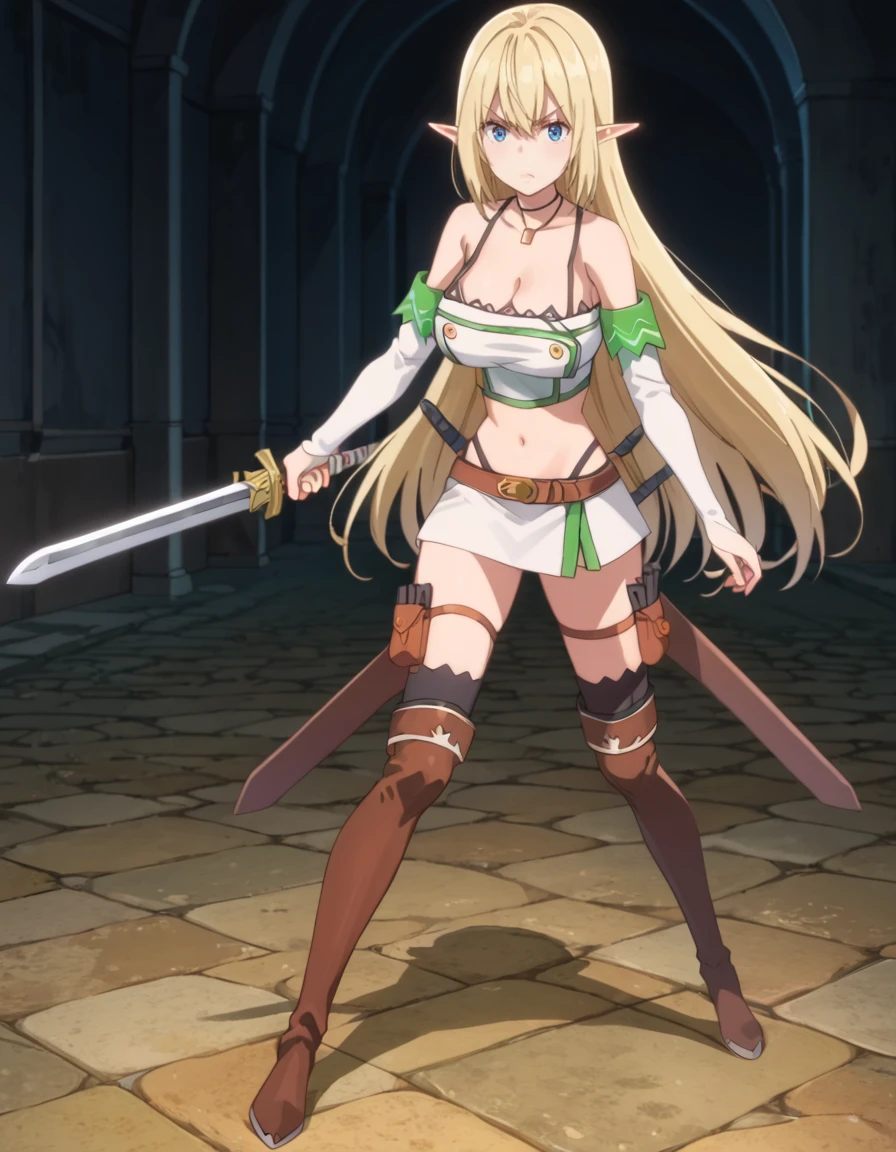 score_9, score_8_up, score_7_up, source_anime, high res image, masterpiece, best quality, BREAK
1girl, looking at viewer, solo, dark background, dungeon,
full body, fighting stance, angry, serious expression, sheath,
holding weapon, arm on waist, holding sword,
aria (beheneko), elf, very long hair, blonde hair, pointy ears, hair between eyes, blue eyes,
necklace, collarbone, cleavage, crop top, bare shoulders, detached sleeves, midriff, navel, miniskirt, thigh strap, pouch, thigh boots,
<lora:aria-beheneko_s1-anime-soralz:1>