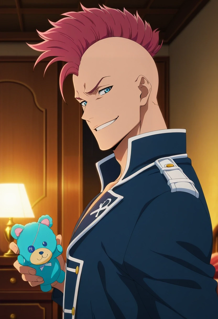 masterpiece, best quality, intricate details, anime screencap, anime coloring, official style, looking at viewer, , 1boy, solo, male focus, <lora:bazzard_black_ilxl:0.9>, bazzard_black, red hair, blue eyes, short hair, mohawk, , , from side, bedroom, (plush), indoors, light, holding object, naughty smile, pirate costume