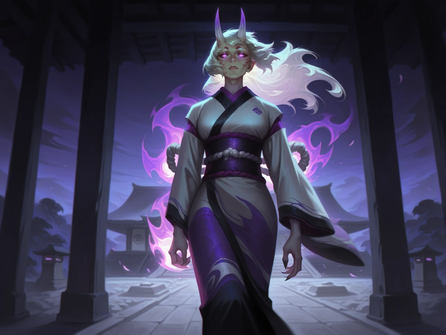 adult female, white hair, purple eyes, glowing eyes, japanese clothes, oni horns, temple, wind, indoors, solo, night, 
, [five fingers], <lora:LeagueOfLegendsIL:0.8>