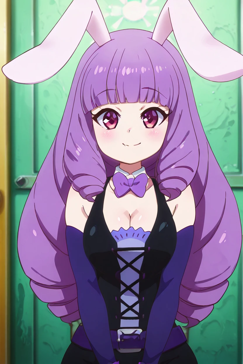 masterpiece, best quality, solo, curvy, beautiful eyes,zzChuchu, pink eyes, drill hair, long hair, purple hair, , animal ears, rabbit ears, blunt bangs, rabbit girl,  dress, bow, cleavage, detached sleeves, belt, bowtie, detached collar,  <lora:Chuchu_ShowByRock_IXL:1.0>, upper body, smile, looking at viewer, shiny skin,<lora:DiivesIXL:1.0>,