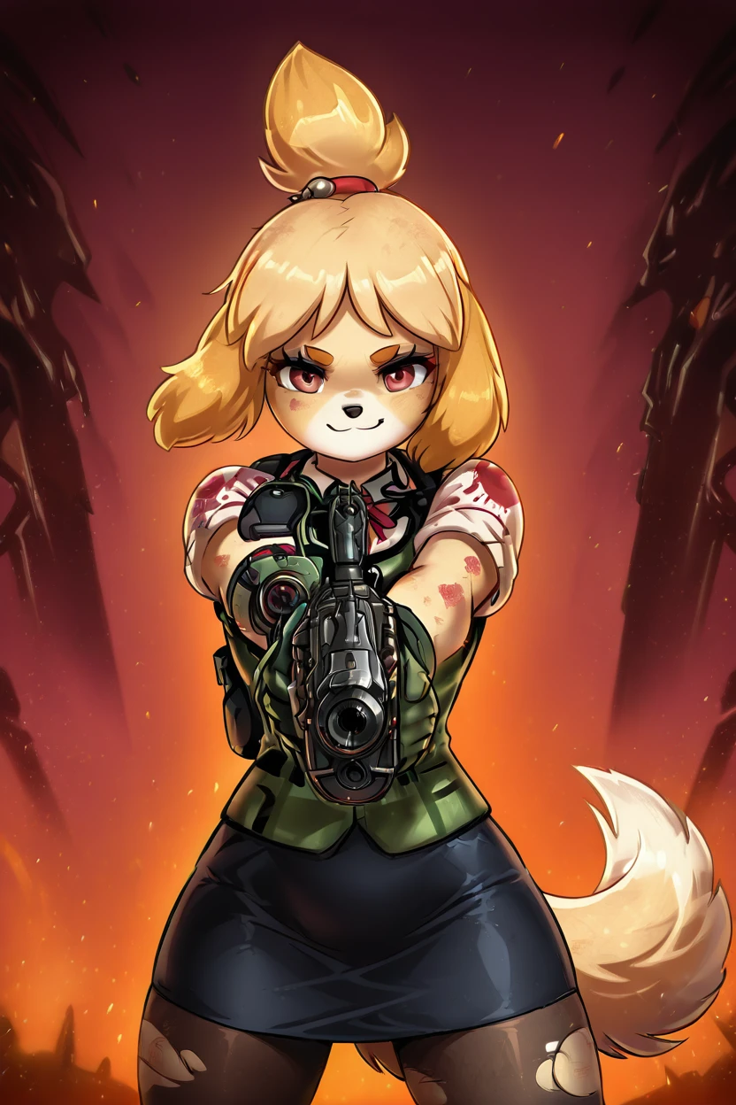 masterpiece, best quality, eyelashes, (beautiful eyes),  solo,   zzIsabelleDoom, brown eyes, topknot, dog ears, blouse, demon, dog tail, double-barreled shotgun, gun, hair bell, legs apart, miniskirt,  pantyhose, pencil skirt, plaid clothes, red eyes, ryuusei (mark ii), sawed-off shotgun, shirt, shotgun, side-by-side-barreled shotgun, skirt, smile, sword, tail, torn clothes, torn pantyhose, weapon, white shirt, smug,  black bag, blurry background,  (upper body:1.3),  (aiming at viewer, foreshortening:1.4),   <lora:LFashionIXL_v2:1.0>,   <lora:SDXLFaeTastic2400:0.5>, <lora:IsabelleDoomSlayerIXL:1.0>,