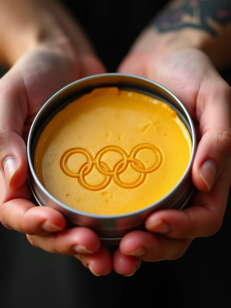 A flat dalgona candy with a carved Olympics logo design, placed in a circular tin held by two hands, with a vibrant, close-up focus on the flat candy, crafted for precise carving and extraction