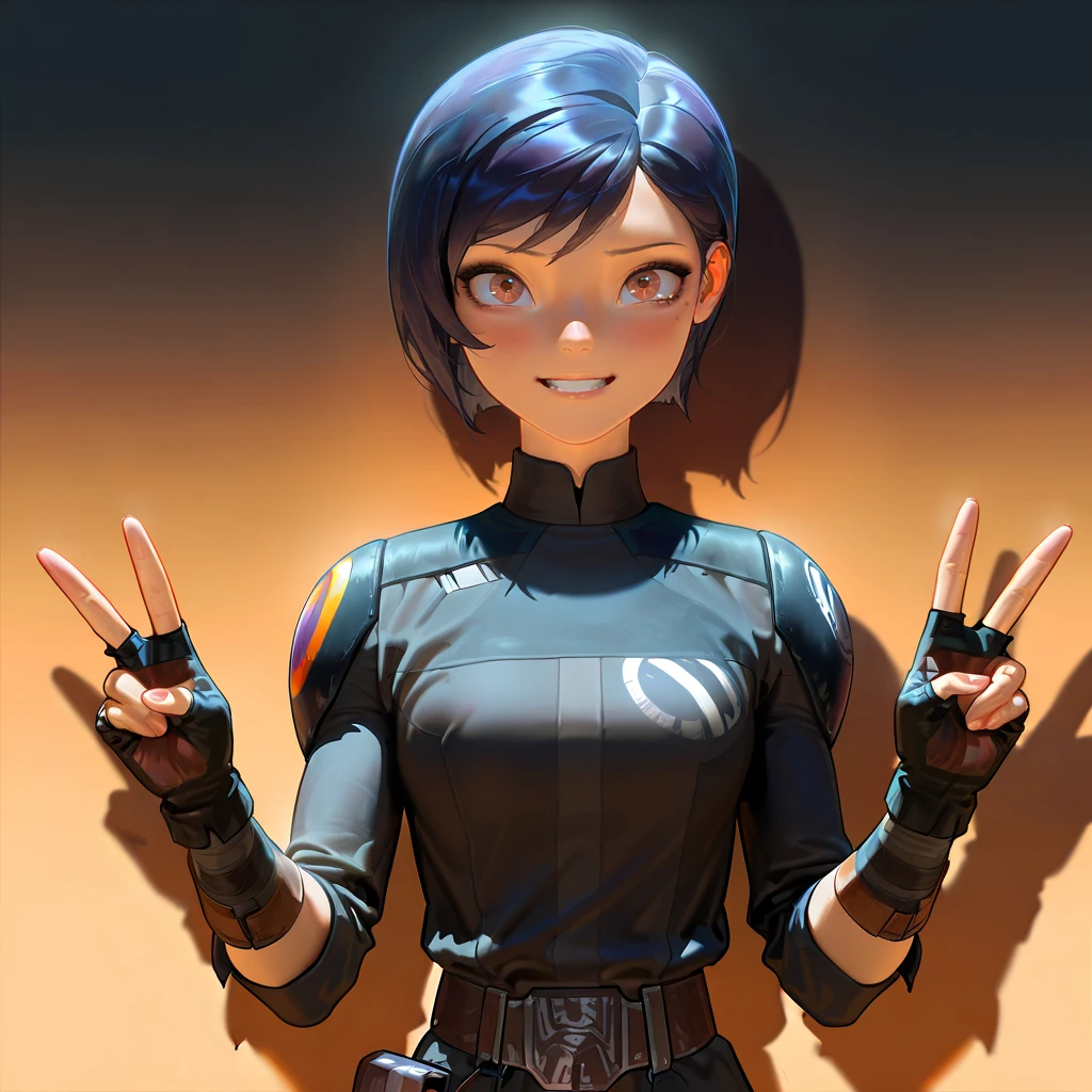 masterpiece, 1440p, 8k, UHD, amazing quality, high resolution, <lora:Sabine_Wren_Illustrious:1> sabine-wren, sw-rebels, 1girl, solo, black hair, short hair, black uniform, black tunic, gloves, fingerless gloves, v, double v, upper body, star wars, gradient background, shadows,