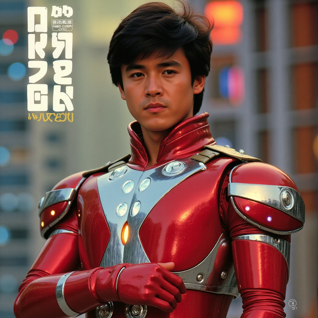 1980s poster featuring an analog photograph of a man in a tokusatsu outfit. The outfit includes a metallic chest plate, padded shoulders, and gloves, all in bright red and silver, with intricate detailing, such as colorful LED lights. It looks similar to the iron man suit. He is not wearing a mask, revealing his styled, short black hair with a slightly windswept look. The background shows a futuristic urban setting with dramatic lighting that accentuates the outfit’s reflective elements.