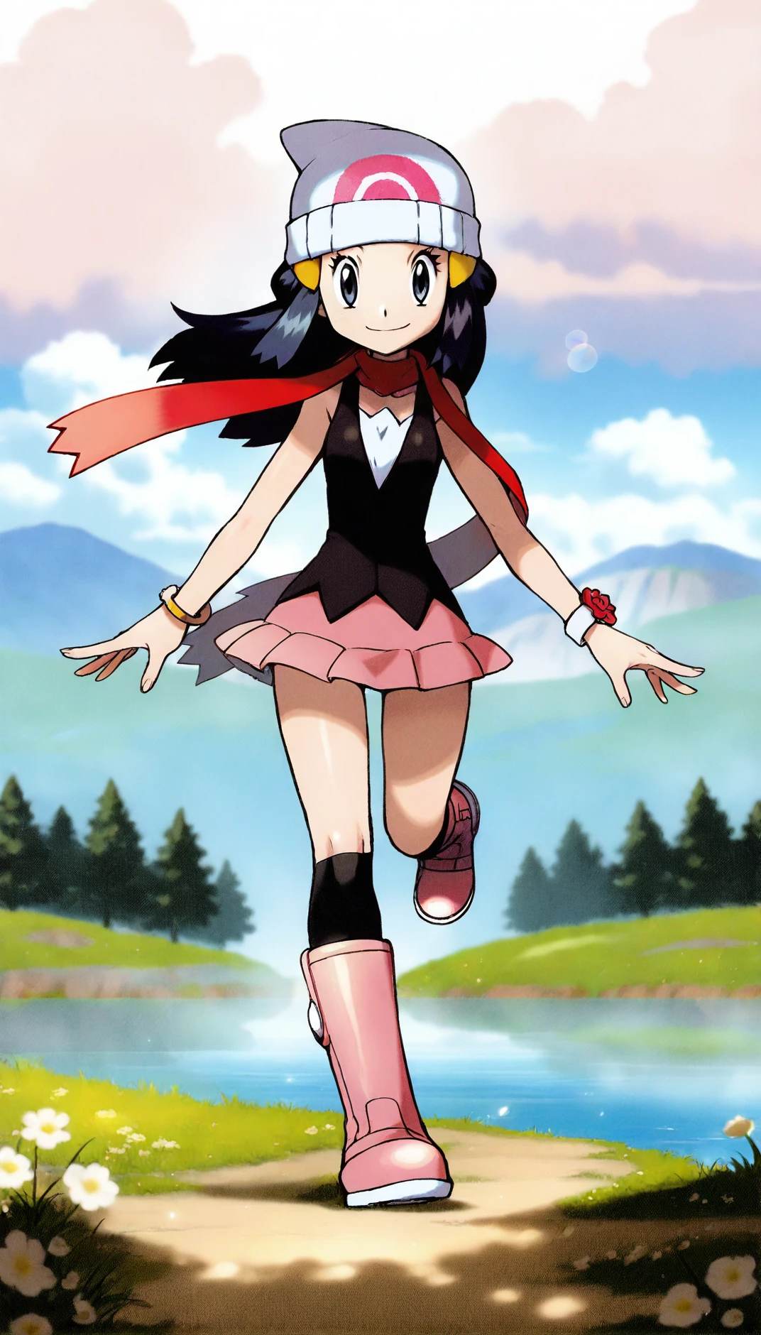 masterpiece,best quality,amazing quality,
<lora:hikaridawnIL:1>,hikaridawn,
1girl,solo,navy blue hair,long hair,
dark blue eyes,looking at viewer,smile,
white beanie,yellow hair clips,black vest,pink miniskirt,white blouse underneath,red scarf,yellow bracelet,wristwatch,black kneehighs,pink boots,
running,
blurry background,depth of field,soft lighting,light particles,lens flare,fog,
blue sky,cloud,grass,flower,white fence,distant hills,water,(cloud shadow:1.1),