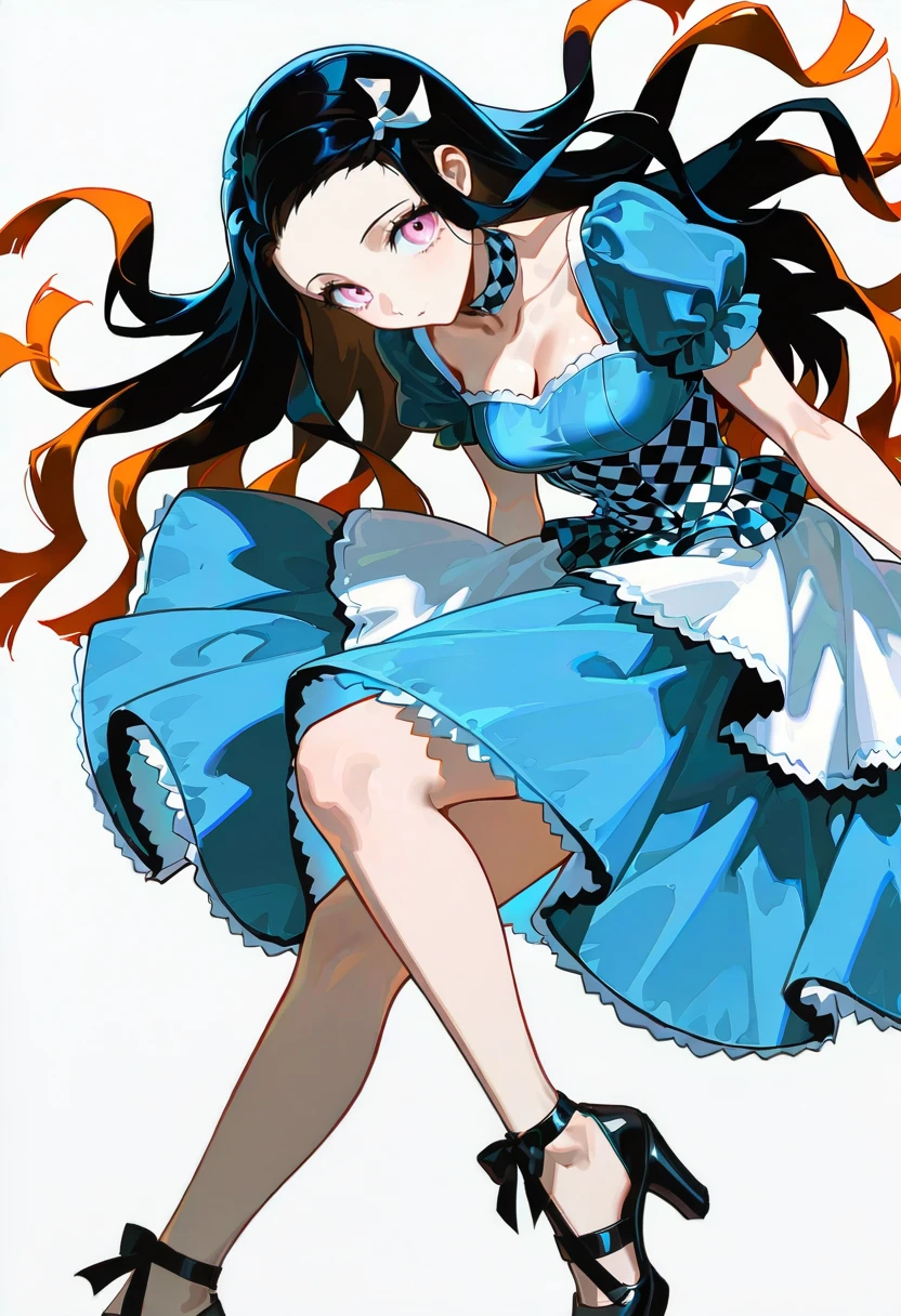 1girl,solo,looking at viewer, echo (circa),dress, short sleeves, checkered clothes, blue dress, choker, high heels,kamado nezuko, wonderland