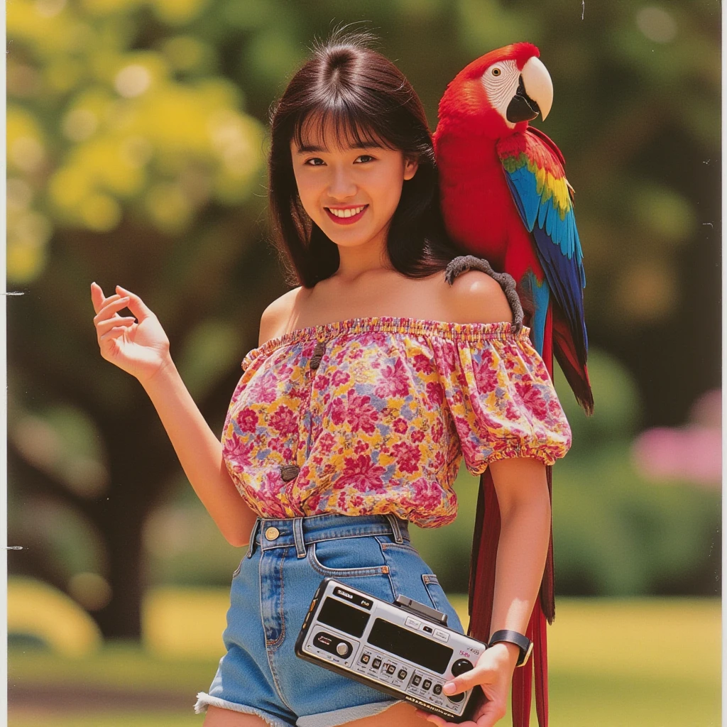 1980s poster featuring an analog photograph of a woman with a scarlet macaw perched on her shoulder. The woman is outdoors in a vibrant tropical setting, wearing a brightly patterned off-the-shoulder blouse with puffed sleeves and high-waisted denim shorts. The lighting highlights her cheerful expression and the vivid red, blue, and yellow feathers of the macaw. The woman has dark hair. The colors and lighting are typical of that era. She is holding a walkman with her right hand.