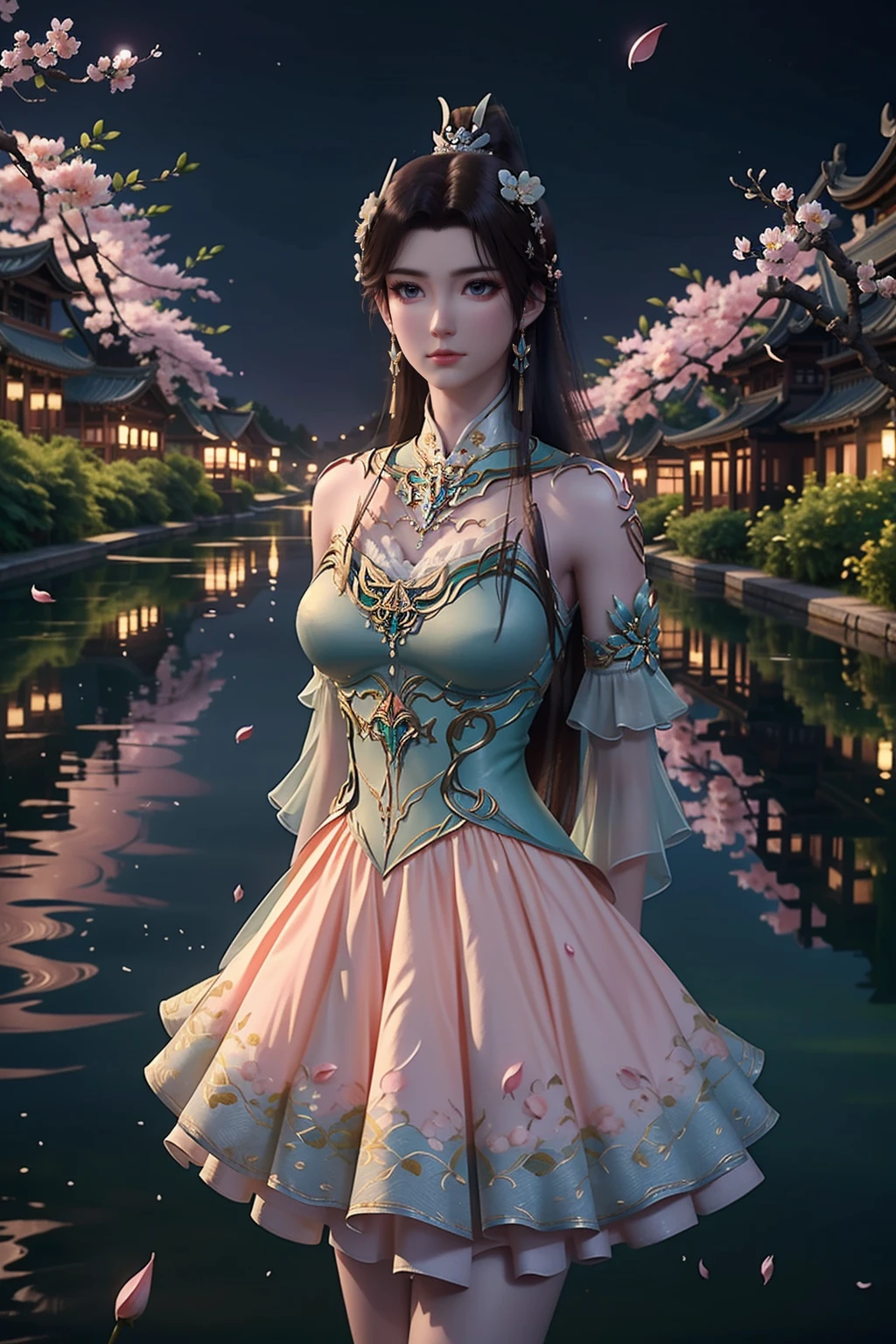 (cowboy shot),1girl,solo,closed mouth,(ponytail),hair ornament,earrings,jewelry,detached collar,clothing cutout,green dress,(arms behind back),(looking at viewer),outdoors,nature,river,((night:1.3)),(china building),(peach blossom,falling petals:1.4),depth of field,Highly detailed,(best quality:1.5,masterpiece:1.5),<lora:xiaoxuner:0.85>,xuner,