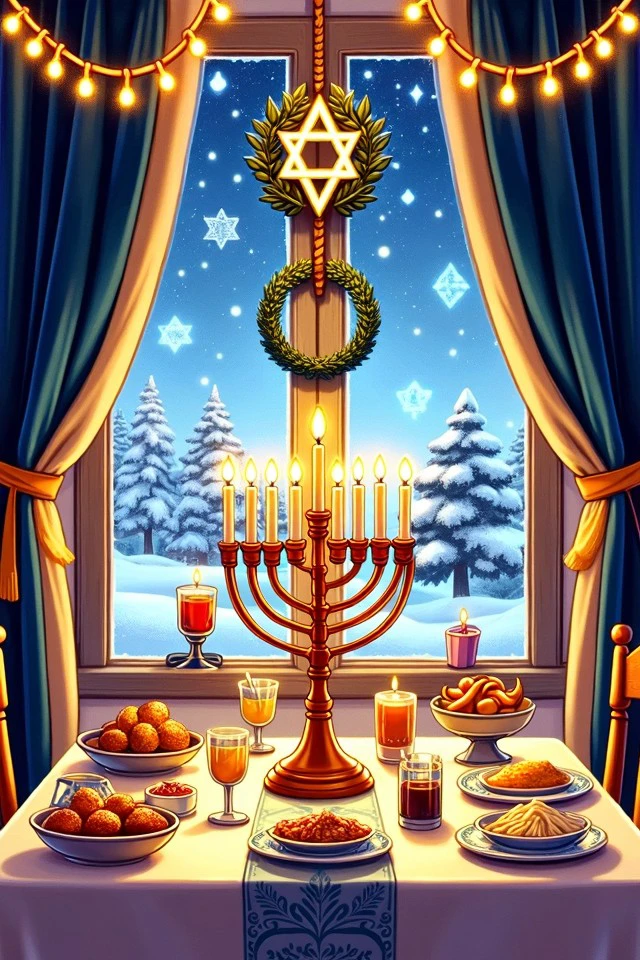 illustration hanukila style, Hanukkah dining room with a menorah as the centerpiece of a table brimming with festive dishes. The addition of stockings hanging by the fireplace and a wreath with a Star of David enhances the celebratory feel. The room is illuminated by warm string lights and a snowy backdrop outside the window.
<lora:Hanukkah_Illustration_Flux:0.7>