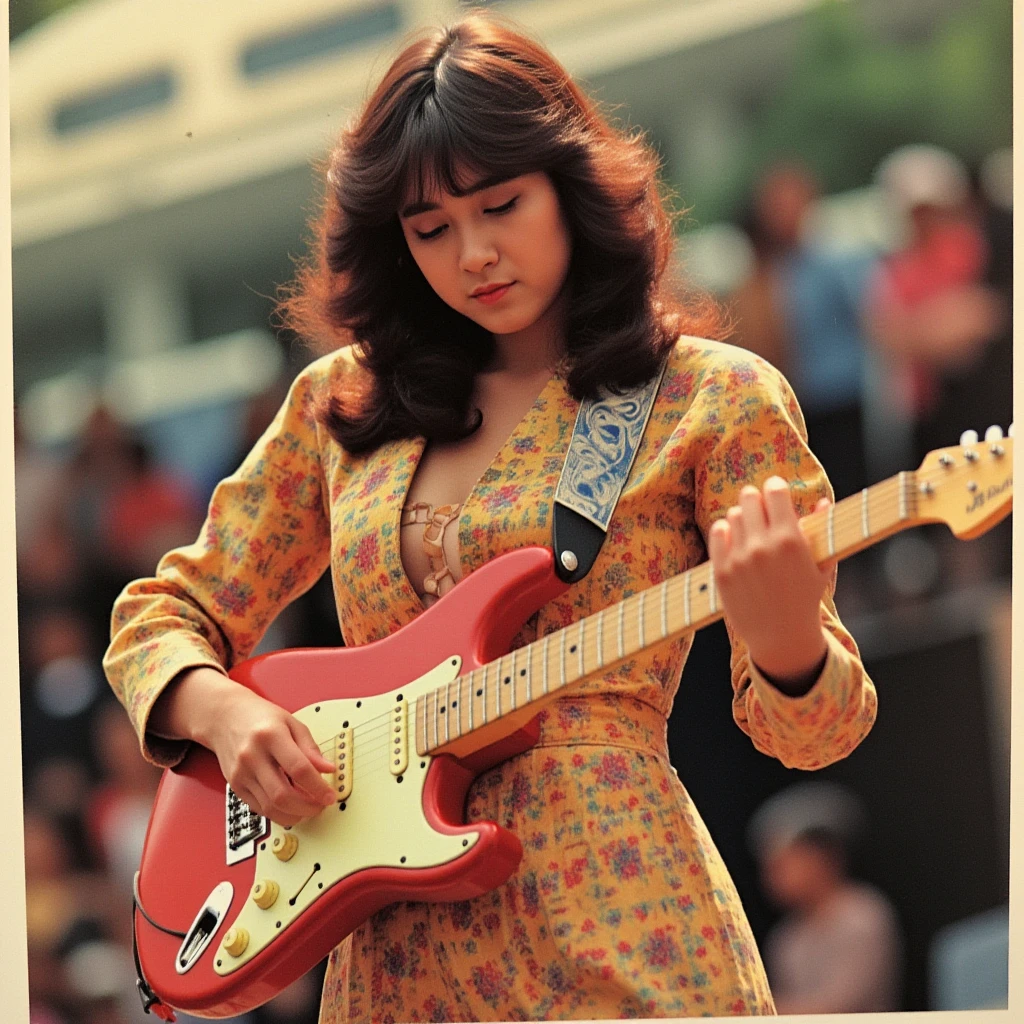 1980s-style poster featuring an analog photograph of a japanese woman playing an electric guitar. She is outdoors, dressed in retro clothing typical of the era, with dynamic lighting emphasizing her performance. The background suggests a lively atmosphere, and the scene captures the energy of the moment.