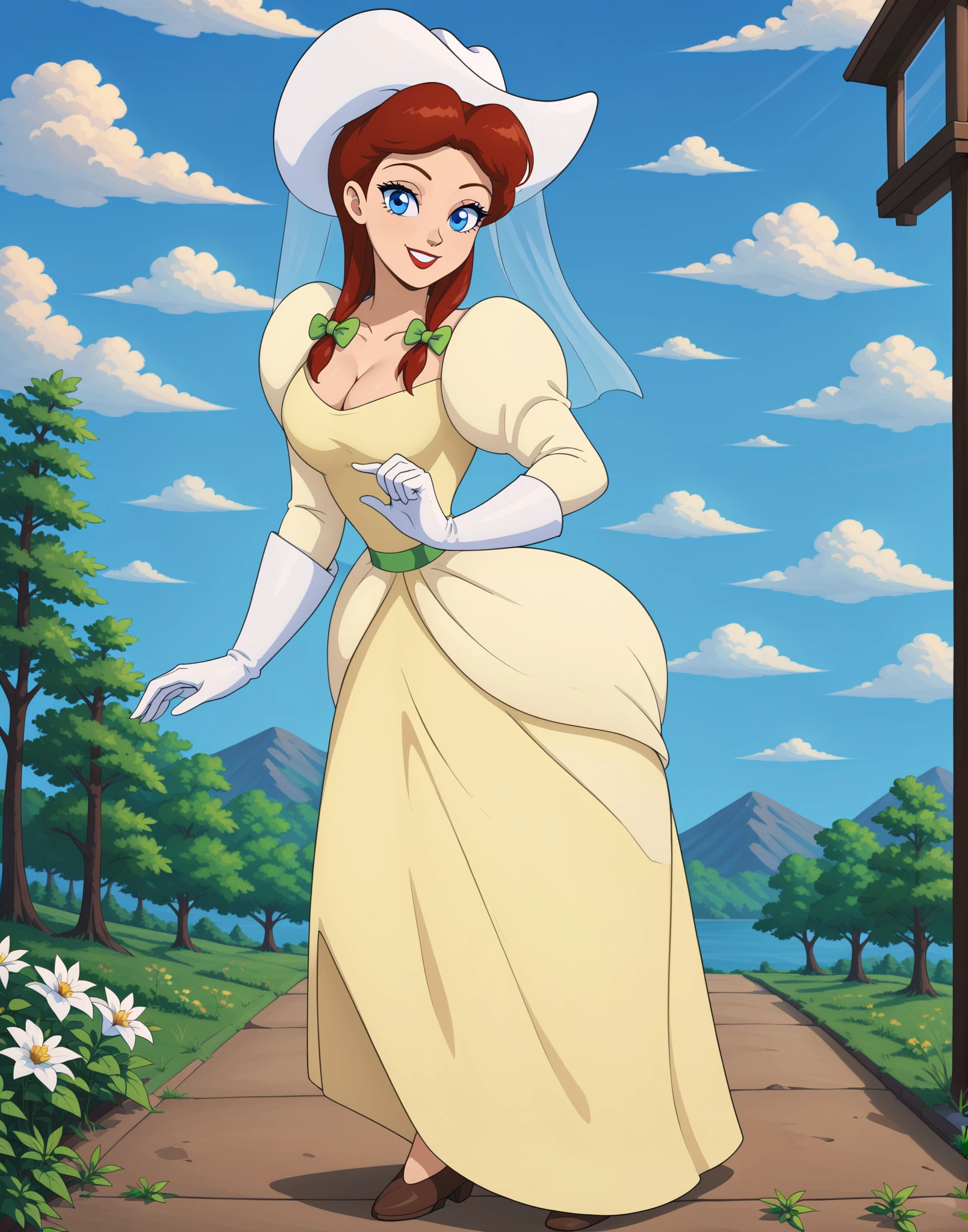 suexl, 1girl, solo, breasts, smile, blue eyes,, gloves, cowboy hat, dress, bow, cleavage, medium breasts, red hair, puffy sleeves, white gloves, white headwear, veil, green bow, retro artstyle, yellow dress, hair bow
masterpiece, best quality, amazing quality, very aesthetic, absurdres,
 <lora:suexl:1>