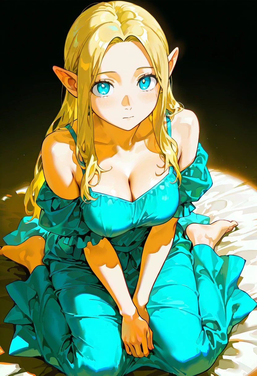 1girl,solo,looking at viewer, echo (circa),tbta dress, bare shoulders, blue dress, barefoot, marcille_donato