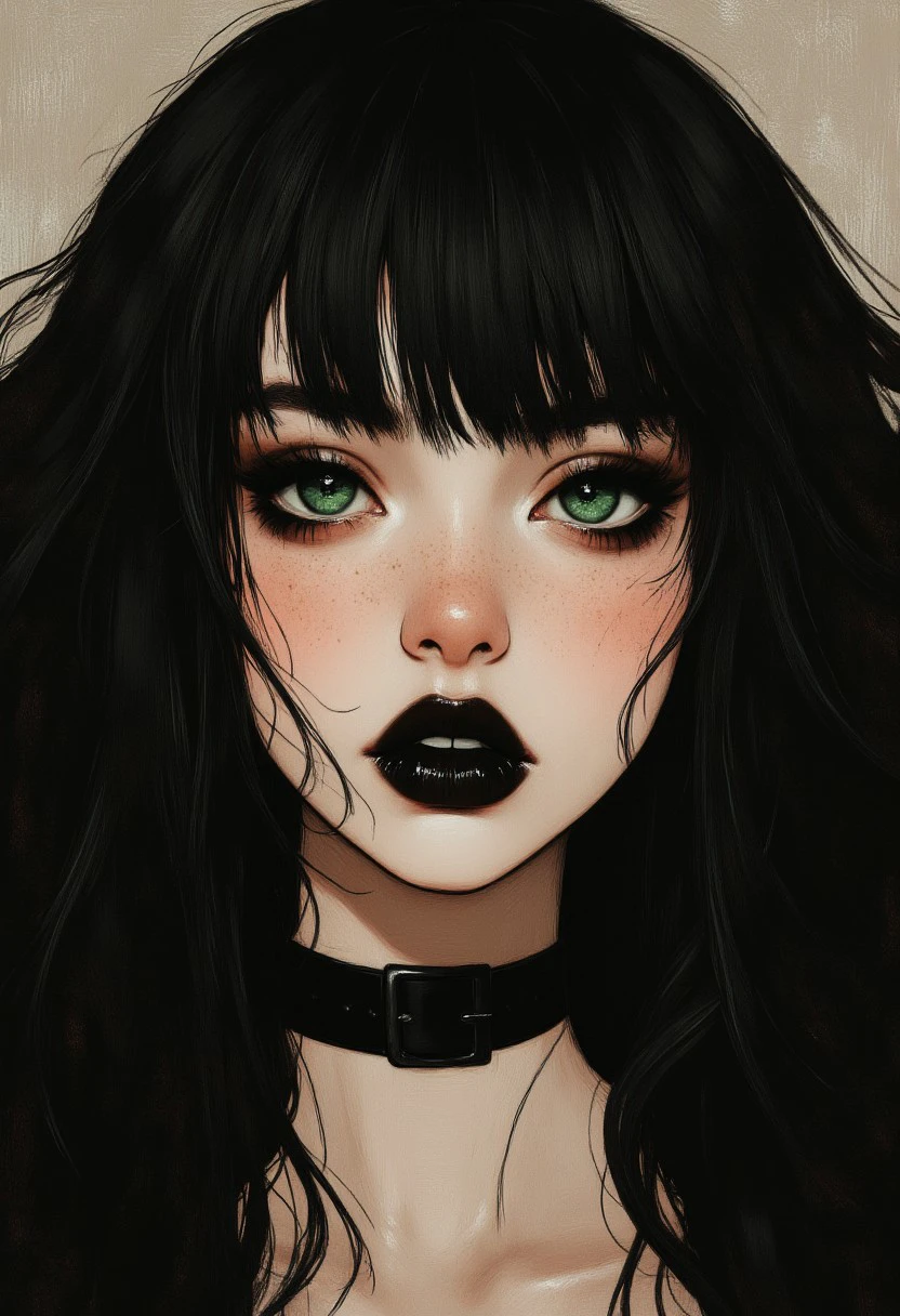 Goth girl with black long hair and straight bangs, black eye makeup and black lipstick, stunning green eyes, black collar around her neck, MoodyGirls