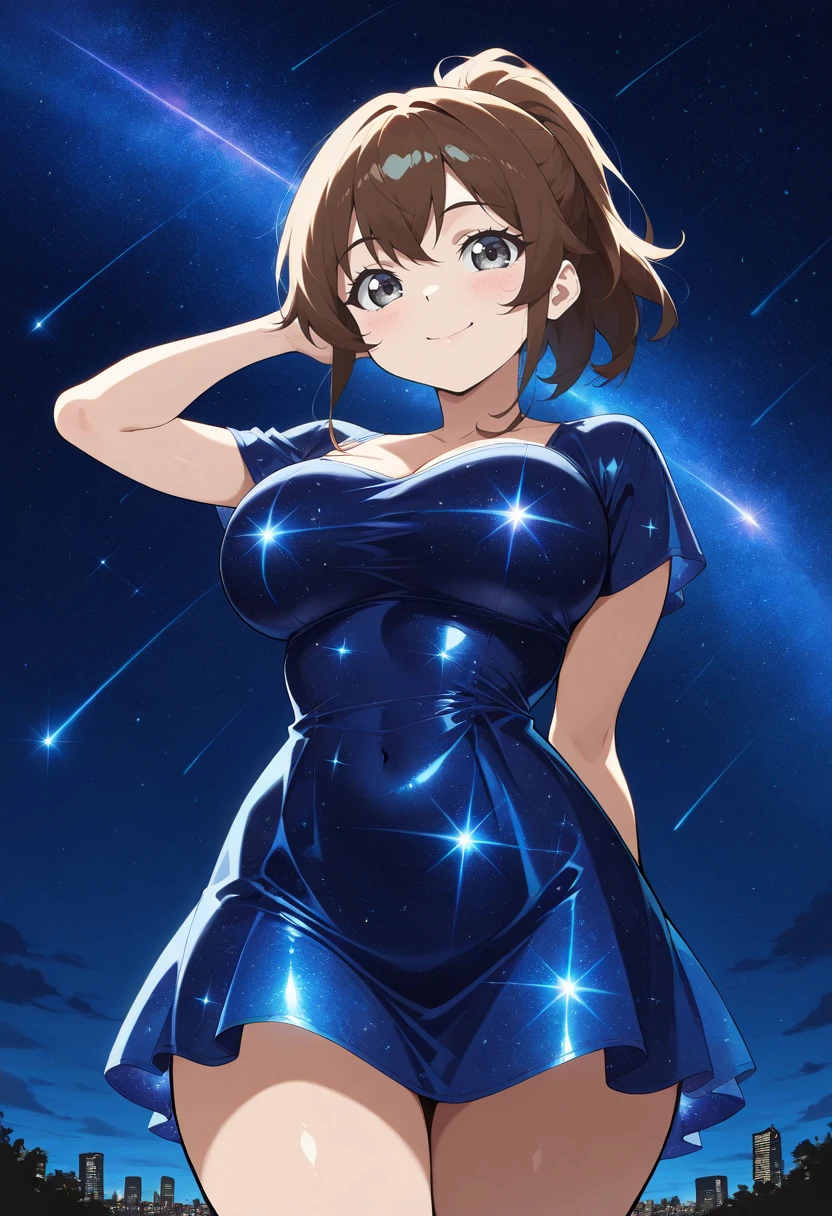 masterpiece,source_anime, best quality, perfect anatomy, very aesthetic, ((outlined outlined vector graphics)), source_anime, 1girl,20yo, brown hair, gray eyes, (large breast:1.1), (ponytail:1.1), medium hair,(curvy:1.1),(light blue clohtes:1.1),bangs, outdoors, blush, cowboy shot, galaxy, gradient sky, glittering, glimmering, glowing , aetherical, looking at viewer, milky way,starry night, night, night sky, shooting star, sky, skyline, smile, solo, star \(sky\), star \(symbol\), starry background, starry sky, starry sky print,starrynightdress, starry night dress, blue dress,,( short sleeve dress:1.2),see-though
 <lora:starry-dress-il-01:1>