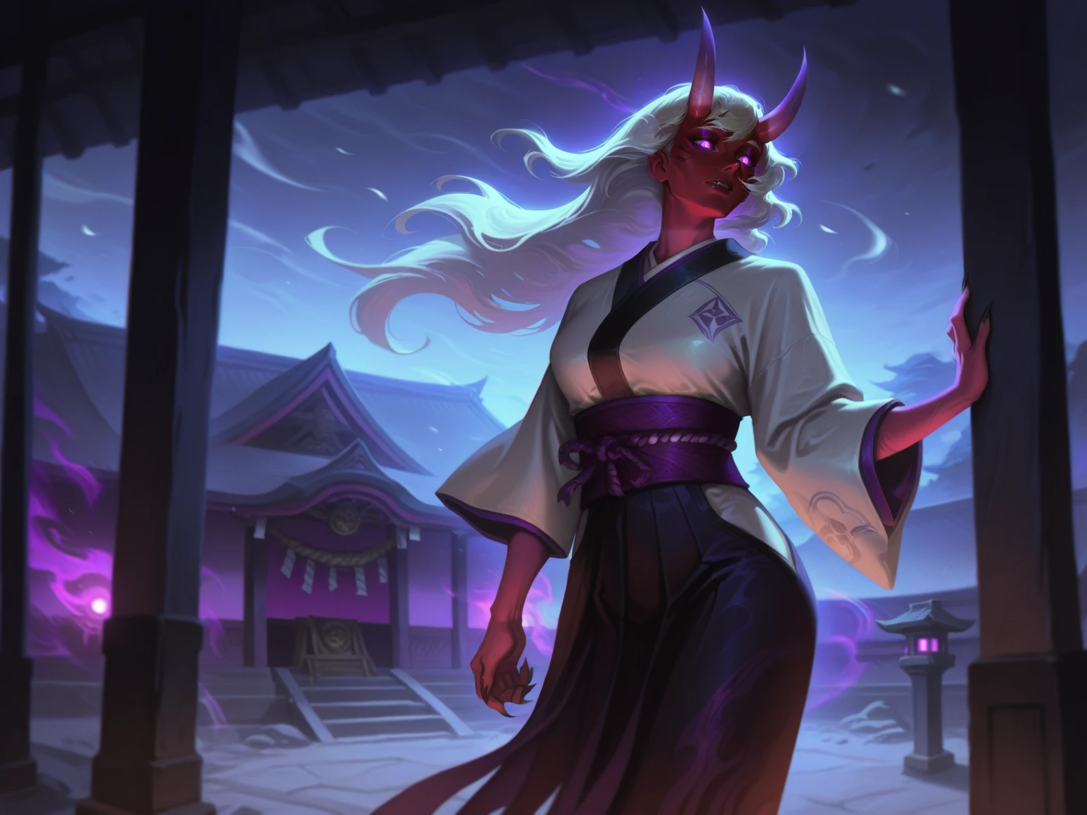 <lora:LeagueOfLegendsV4:0.15>,
adult female, white hair, purple eyes, glowing eyes, japanese clothes, oni horns, temple, wind, indoors, solo, night, 
, [five fingers], <lora:LeagueOfLegendsIL:0.8>