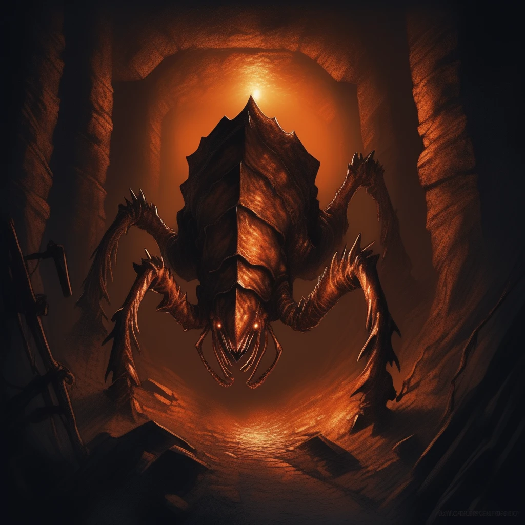 Gothic style rust monster, prowling through an underground mine, glowing veins of metal in the walls, narrow passageways, low-angle shot, dim torchlight, ominous shadows, claustrophobic atmosphere, photorealistic detail <lora:Rust monster - sdxl1.0:1> . Dark, mysterious, haunting, dramatic, ornate, detailed