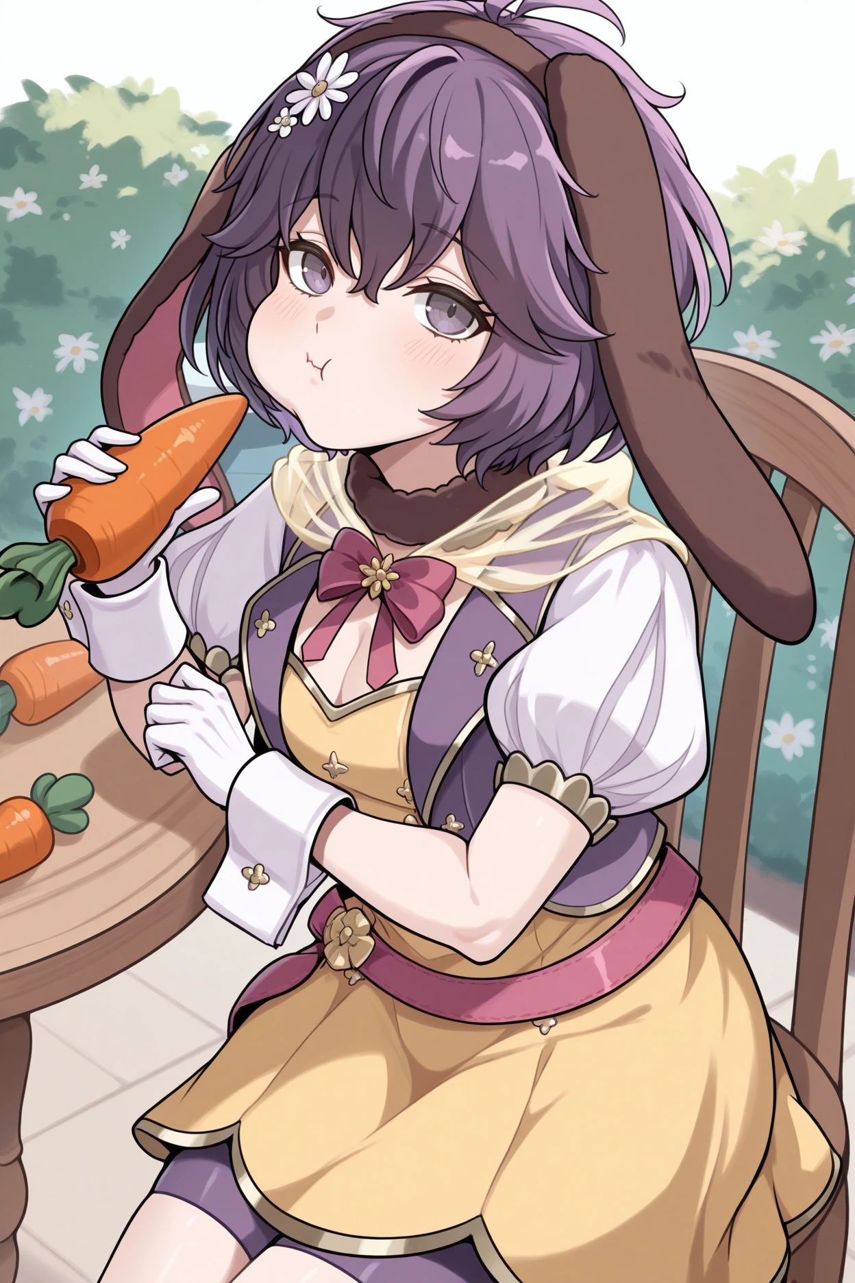 masterpiece, best quality, 1girl, solo <lora:febernadetta-illu-nvwls-v1-000006:1> sprbndta, purple hair, messy hair, hair between eyes, grey eyes, hair flower, fake rabbit ears, brown ears, hairband, purple vest, fur choker, see-through capelet, pink bowtie, yellow dress, short dress, puffy short sleeves, shorts under dress, wrist cuffs, white gloves, happy, eating carrot, puffy cheeks, looking at viewer, sitting, table, chair, garden