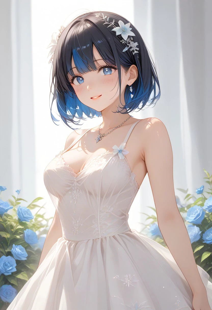 (Shion Tachibana, Short hair, Black hair, Multicolored Blue hair, Expressive eyes, Blue crystal eyes), perfect face, blushing, happy expression, perfect body, tall, white skin, big breasts, Stage, Garden, wedding party wearing a Wedding dresses, white dress, bare shoulders, Flower bucket, Audience, The lighting creates dramatic shadows and highlights, adding depth to the artwork, The perspective is taken from the side so that the character's situation is more visible, (masterpiece, detailed:1.2), (High Resolution), (More Details), (8K), (High Resolution), Aesthetic style, (glitter), soft anime, intricate colors, vibrant colors, color detail, ((Anime illustration)), ((Incarnate detail)), ((Masterpiece)), ((Highest quality)), easynegative,