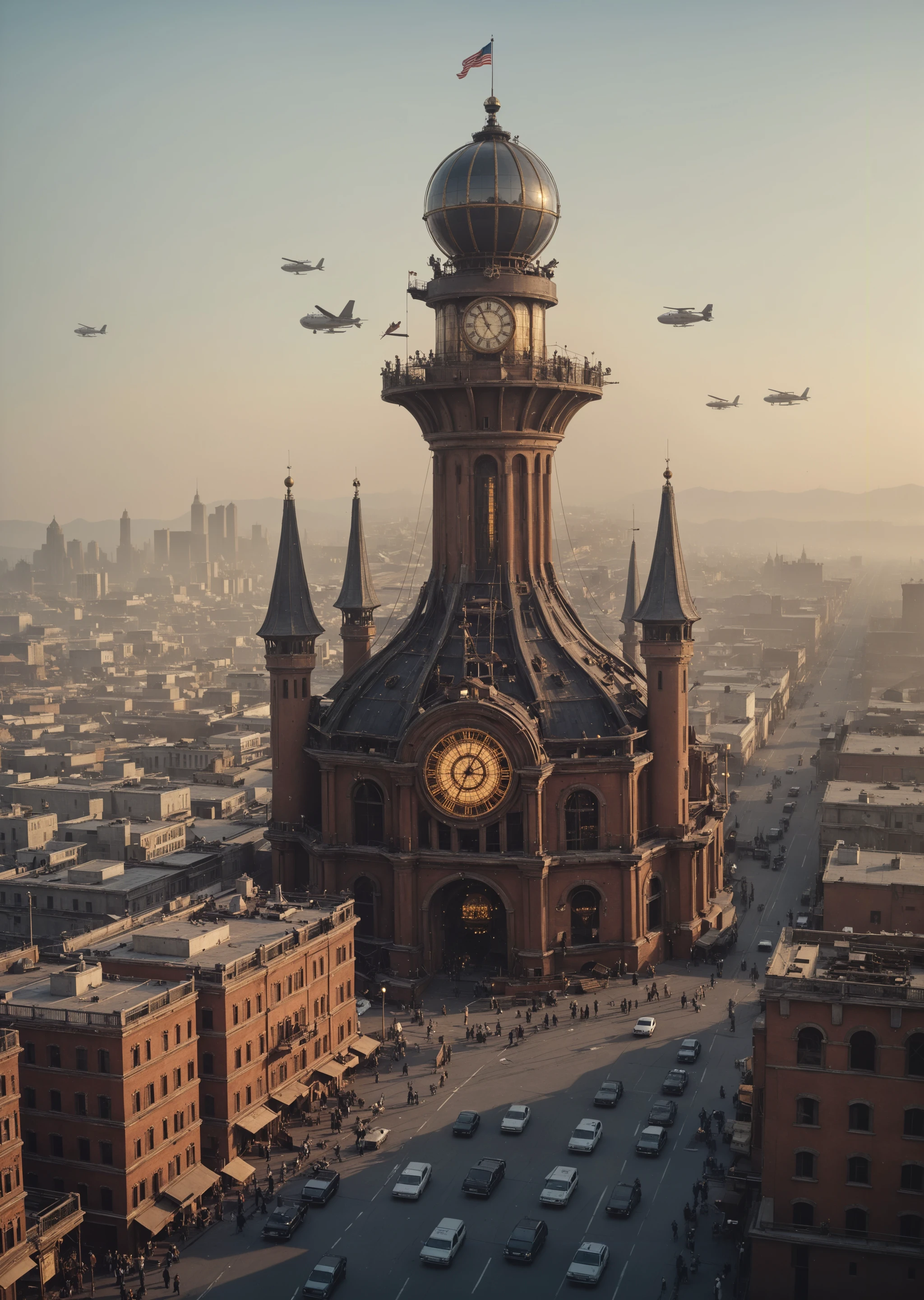 depicting a sprawling, fantastical cityscape with a steampunk aesthetic. The layout is a wide panoramic view showcasing a dense array of intricately designed buildings with pointed spires, domes, and elaborate architectural details. The structures are predominantly dark with hints of blue and bronze, creating a moody atmosphere. In the sky, several airships float among the clouds, adding to the steampunk theme. The city is bathed in a soft, diffused light, suggesting either dawn or dusk, with a warm glow emanating from windows and streetlights. Smoke rises from chimneys, contributing to the industrial feel. The foreground features a large, ornate dome with intricate patterns, while the background reveals a vast city stretching into the distance, with towering buildings silhouetted against the sky. The overall scene is rich in detail, evoking a sense of wonder and adventure.<lora:lora\Add_more_details_V2_XLpony.safetensors:1.0:1.0><lora:lora\sdxl_enhance.safetensors:1.0:1.0>