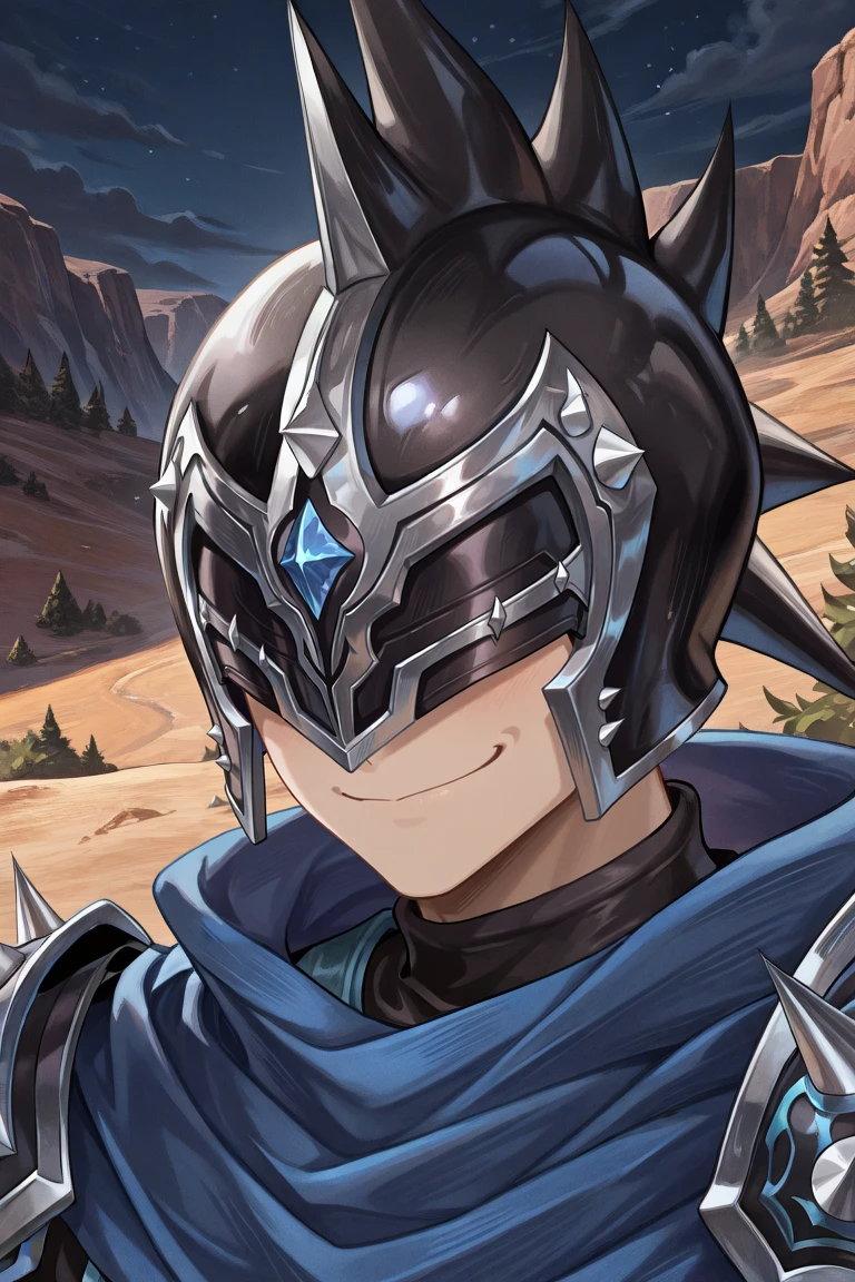 <lora:LeonIL:0.8> , LeDef, LeBK, 1boy, covered eyes, helmet, spikes, shoulder spikes, spiked armor, armor, black armor, black bodysuit, bodysuit under clothes, blue cape, (portrait, close-up), smug, smile,  wasteland,  exterior, night, masterpiece, very aesthetic, absurdres, best quality, amazing quality, high resolution, <lora:illustrious_quality_modifiers_masterpieces_v1:0.8> , <lora:ChamIllustriousBackgroundEnhancer:0.5>,