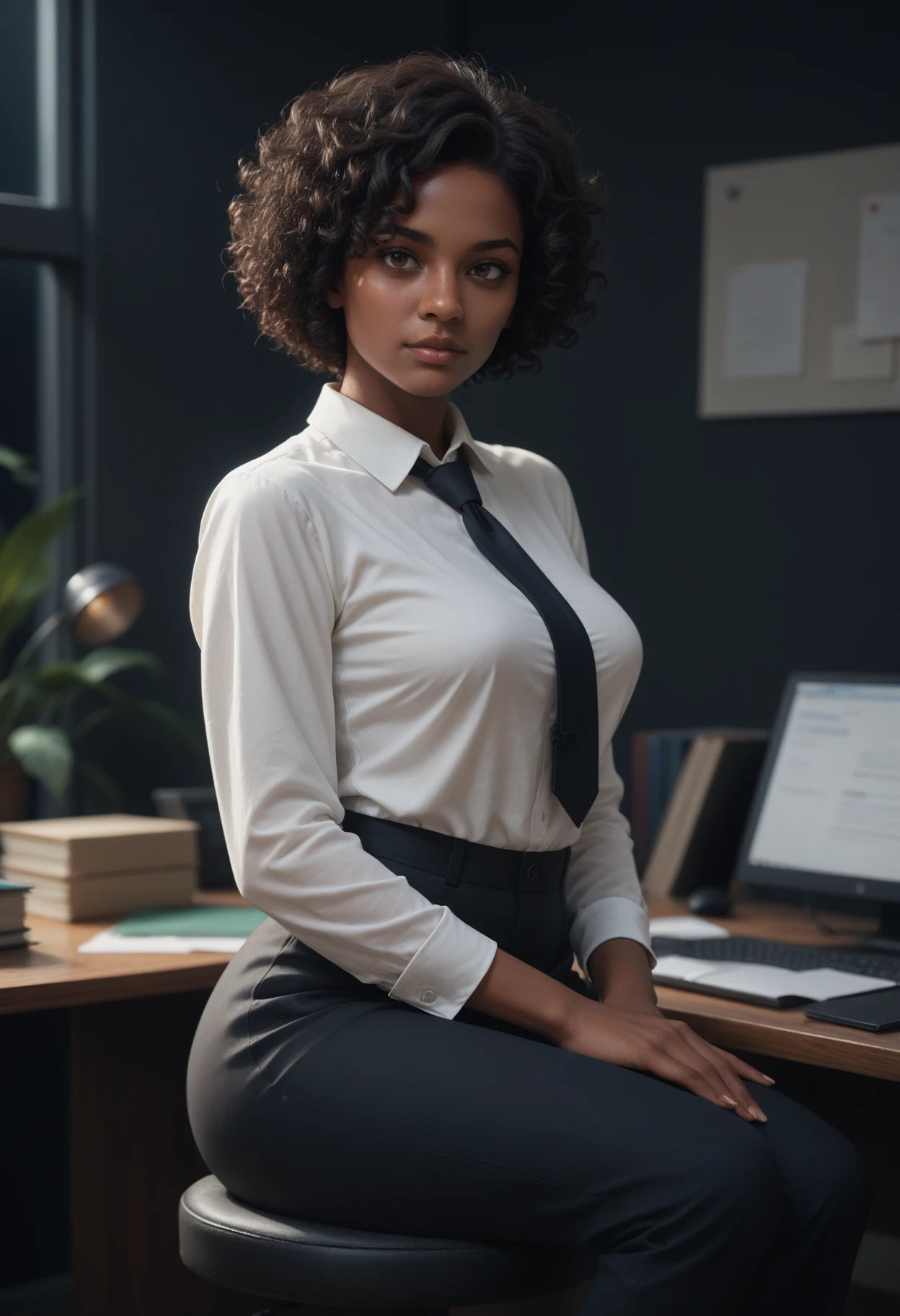 score_9, score_8_up, score_7_up, score_6_up.
woman, sitting, colored black skin,african, curvy, white shirt, tie, pants, short hair, curly hair, jewelry, light and shadow, office, dark background, aesthetic, shallow depth of field.
Realistic, extremely detailed, fine texture, incredibly lifelike
