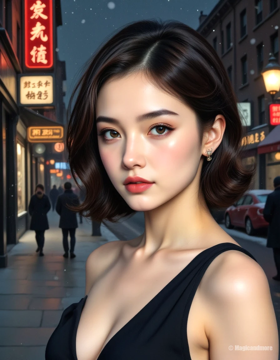 photo of a woman in a crowded street, modelshoot style, (extremely detailed CG unity 8k wallpaper), photo of the most beautiful artwork in the world, professional majestic oil painting by Ed Blinkey, Atey Ghailan, Studio Ghibli, by Jeremy Mann, Greg Manchess, Antonio Moro, trending on ArtStation, trending on CGSociety, Intricate, High Detail, detailed face, Sharp focus, dramatic, photorealistic painting art by midjourney and greg rutkowski, (sexy sheer dress:1.1), (looking at viewer), (detailed pupils:1.3), (modern outfit:1.2), (closeup), red lips, (eye shadow), 24mm shot