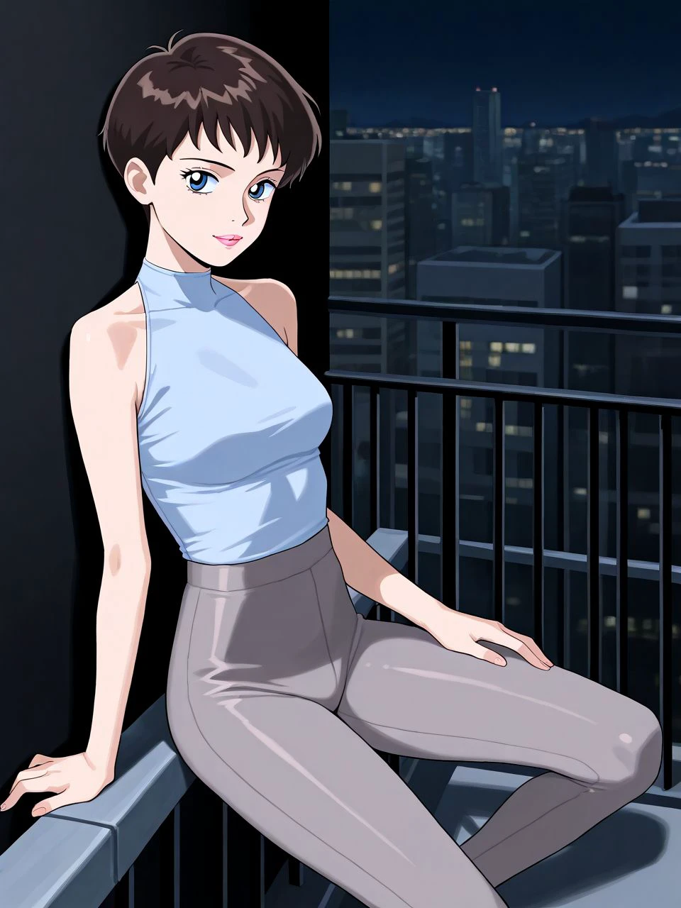 IllusP0s_1097608, apartment, black wall, balcony, cityscape, (1990s \(style\):1.2), solo, <lora:graceFCD_ILXL:0.4> gracfcd, pixie cut, brown hair, blue eyes, pink lips, light blue halterneck, grey leggings, arm support on handrail,