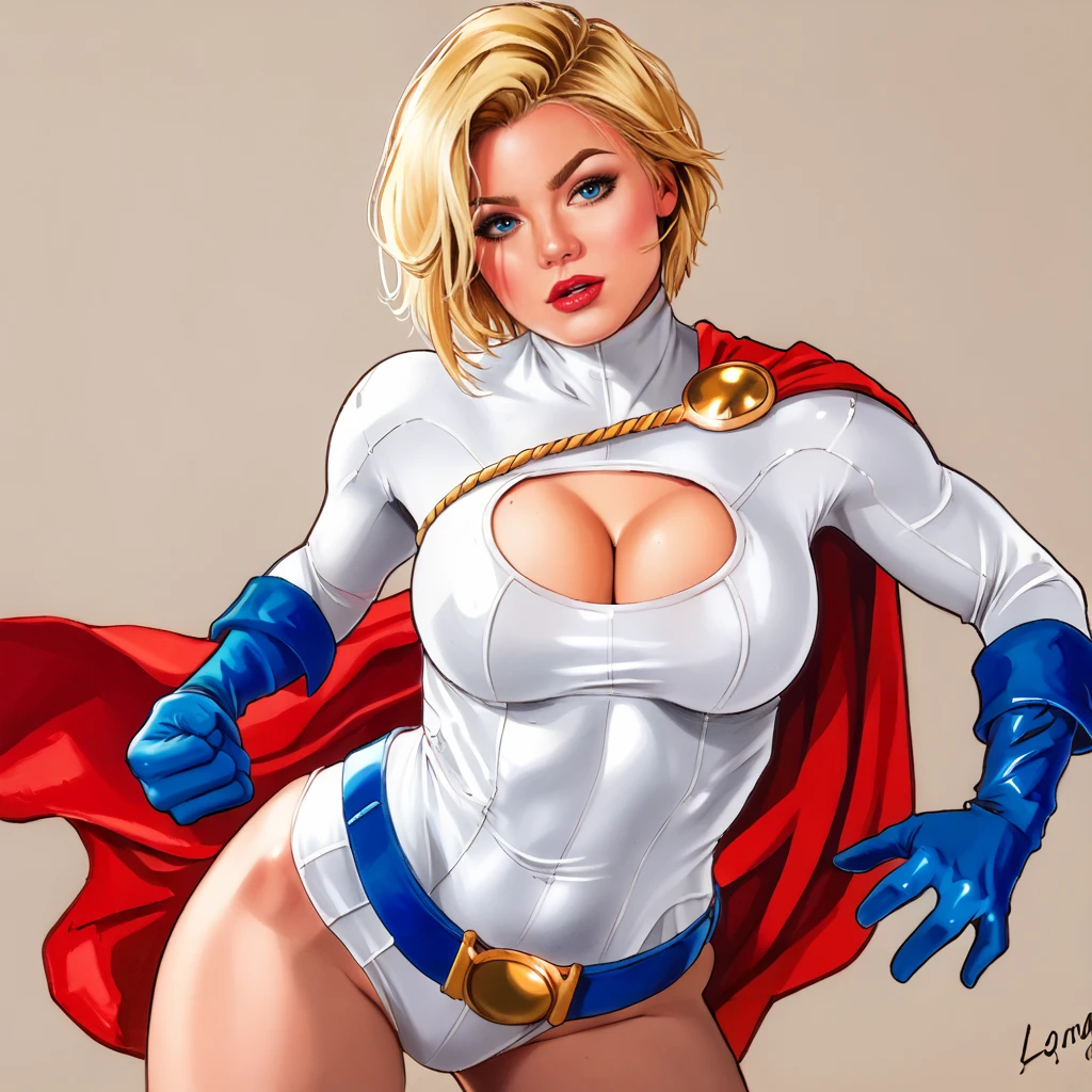 <lora:bylayne_pony_v1:1> score_9, bylayne_style, bylayne, source_artwork    <lora:powergirl_pony_v1:0.8> powergirl, 1girl, large breasts, blonde hair, cleavage cutout, red cape, blue gloves, clothing cutout, blue eyes, leotard, superhero, belt, short hair, turtleneck