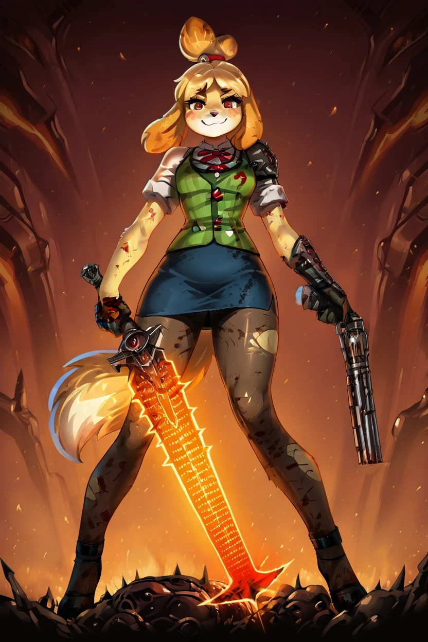 masterpiece, best quality, eyelashes, (beautiful eyes), solo, zzIsabelleDoom, furry, dog nose, power armor, brown eyes, topknot, dog ears, blouse, crucible (doom), demon, dog tail, double-barreled shotgun, energy sword, energy weapon, gun, hair bell, legs apart, miniskirt, multiple-barrel firearm, nintendo, pantyhose, pencil skirt, plaid clothes, red eyes, ryuusei (mark ii), sawed-off shotgun, shirt, shotgun, side-by-side-barreled shotgun, skirt, smile, sword, tail, torn clothes, torn pantyhose, weapon, white shirt, smug, blooming stars, luminescent petals, otherworldly fragrance blurry background, <lora:IsabelleDoomSlayerIXL:1.0>,