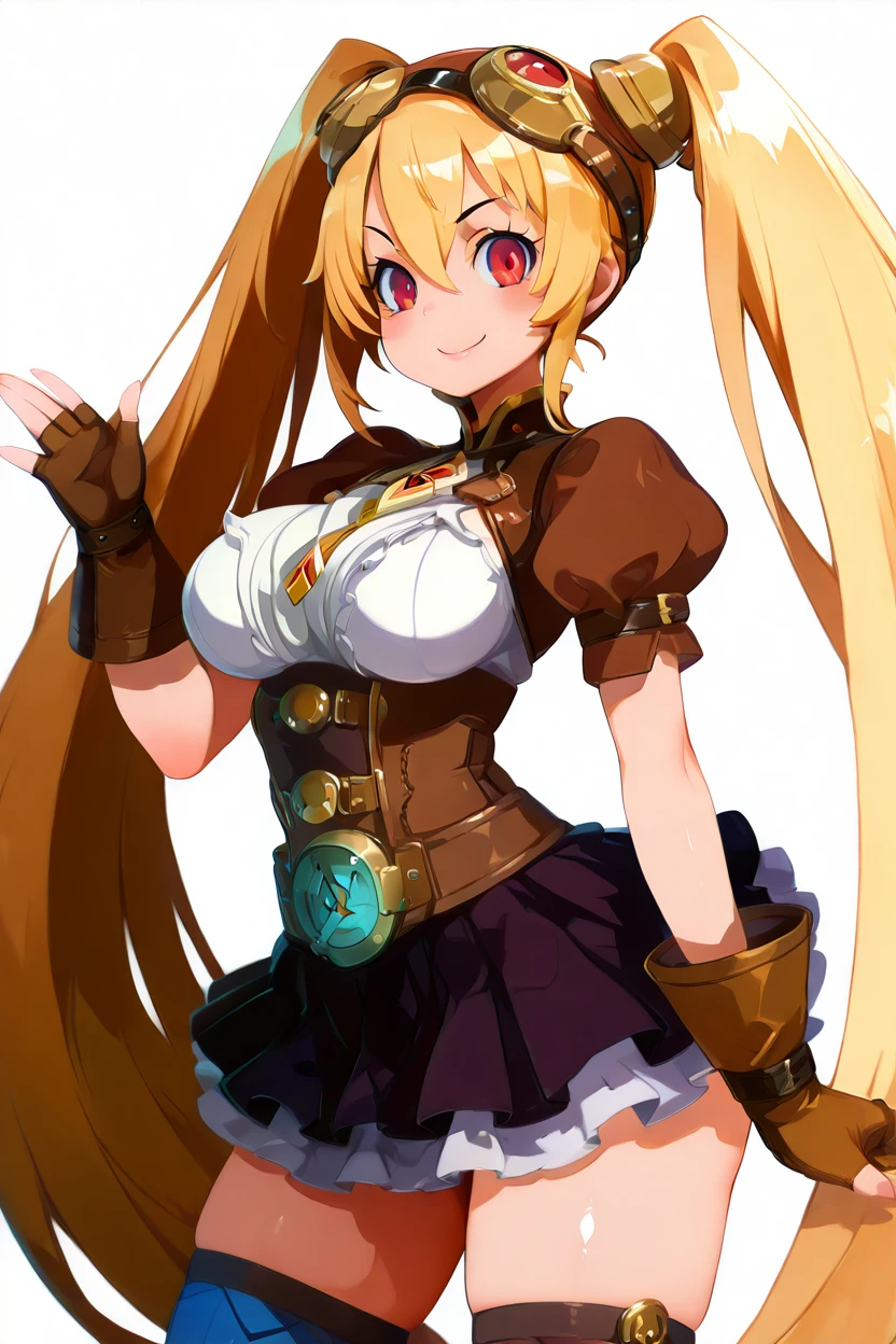 masterpiece, best quality, solo, curvy, beautiful eyes, zzLayla, solo, 1girl, twintails, blonde, blonde hair, long hair, very long hair, red eyes, goggles, goggles on head, gloves, thighhighs, skirt, short sleeves, fingerless gloves, puffy sleeves, brown gloves, puffy short sleeves,   <lora:LaylaMLIXL:1.0>, upper body, side view, smile, looking at viewer, shiny skin,<lora:HaradaTakehitoIXL_v3:1.3>, <lora:ZankuroIXLLight_v2:0.6>,