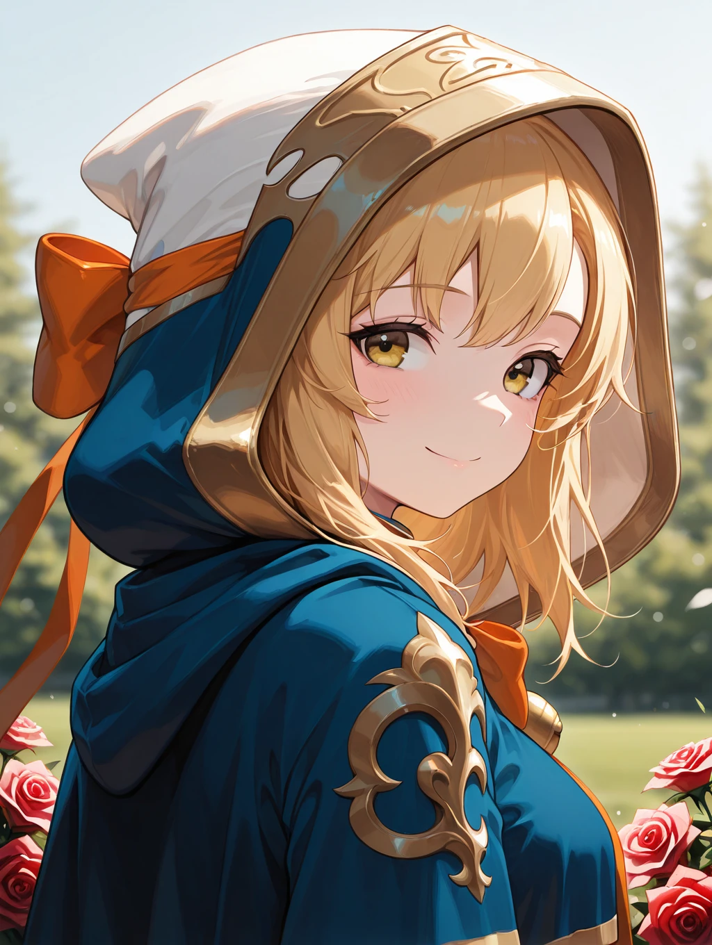 bari, 1girl, solo, smile, blonde hair, bow, closed mouth, yellow eyes, upper body, flower, looking back, hood, rose


masterpiece, best quality,amazing quality, very aesthetic, absurdres, depth of field, blurry background, extremely detailed face, detailed eyes