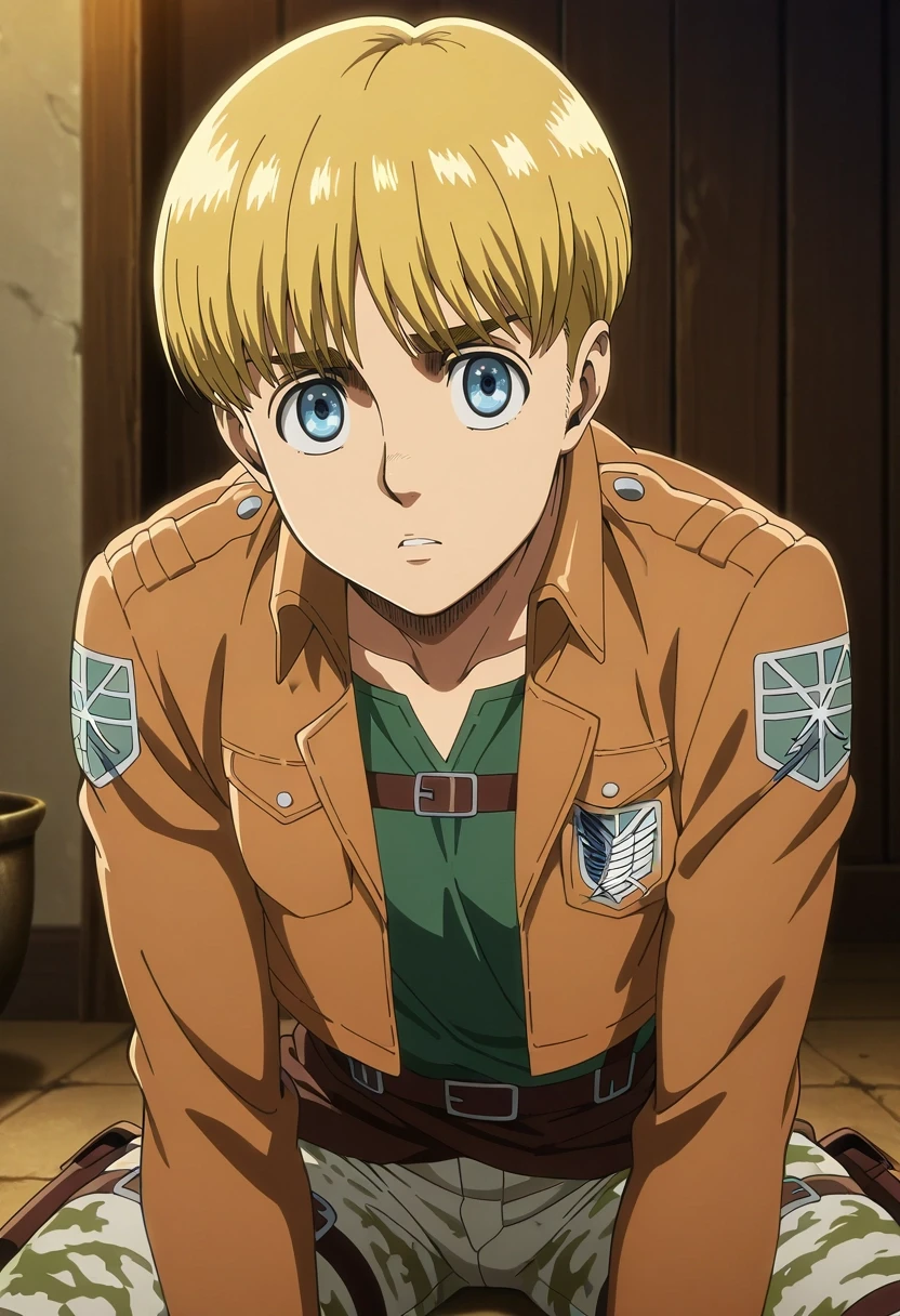 masterpiece, best quality, , anime screencap, anime coloring, official style, looking at viewer, , 1boy, solo, male focus, <lora:armin_arlert_ilxl:0.9>, armin_arlert, blonde hair, blue eyes, very short hair, bowl cut, , paradis military uniform, , Camo cargo pants, Satin Amber Harlequin Faux leather jacket, , , and