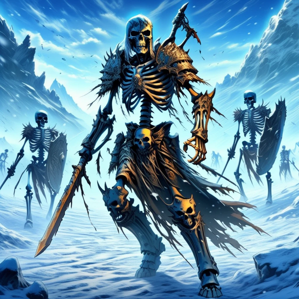 anime artwork skellies,  skeletal warrior, in full armor, marching through a snowstorm, icy ground, shattered shields, distant mountains, wide shot, cold blue lighting, harsh shadows, cinematic realism, battle-hardened  <lora:Skeletal Warriors- sdxl1.0:1> . anime style, key visual, vibrant, studio anime,  highly detailed