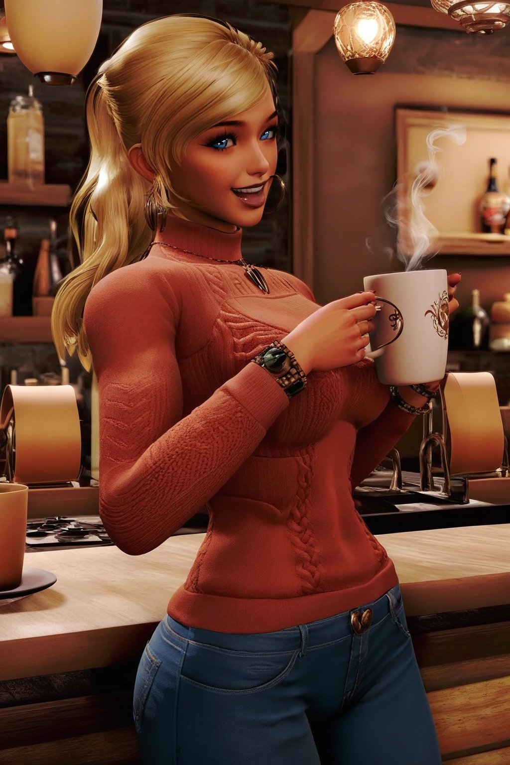 score_9, score_8_up, score_7_up, masterpiece, high quality, BREAK
 <lora:Felicia Fordv2PonyLora:1>Felicia, long hair, ponytail, tan, red sweater, jeans, in a cafe, holding a mug of coffee, happy