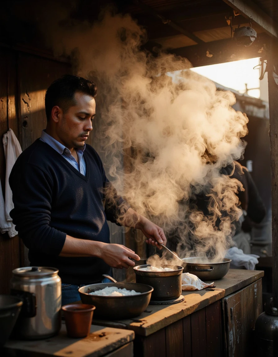 This photograph captures a rustic, atmospheric scene of a person, likely a vendor, preparing food in a small, dimly lit, makeshift stall or outdoor kitchen. The image is bathed in warm, golden sunlight, casting long shadows and creating a serene, intimate ambiance. The vendor, a man with a contemplative expression, is wearing a dark blue sweater over a lighter blue shirt. He is positioned behind a wooden counter, slightly obscured by the steam rising from various pots and pans. <lora:Dark_side_of_light:0.55>