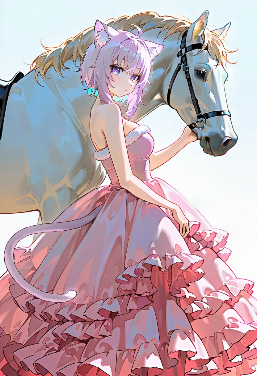 1girl,solo,looking at viewer, echo (circa),ft gown, pink dress, fur trim, strapless, frills, nekomata_okayu,horse,