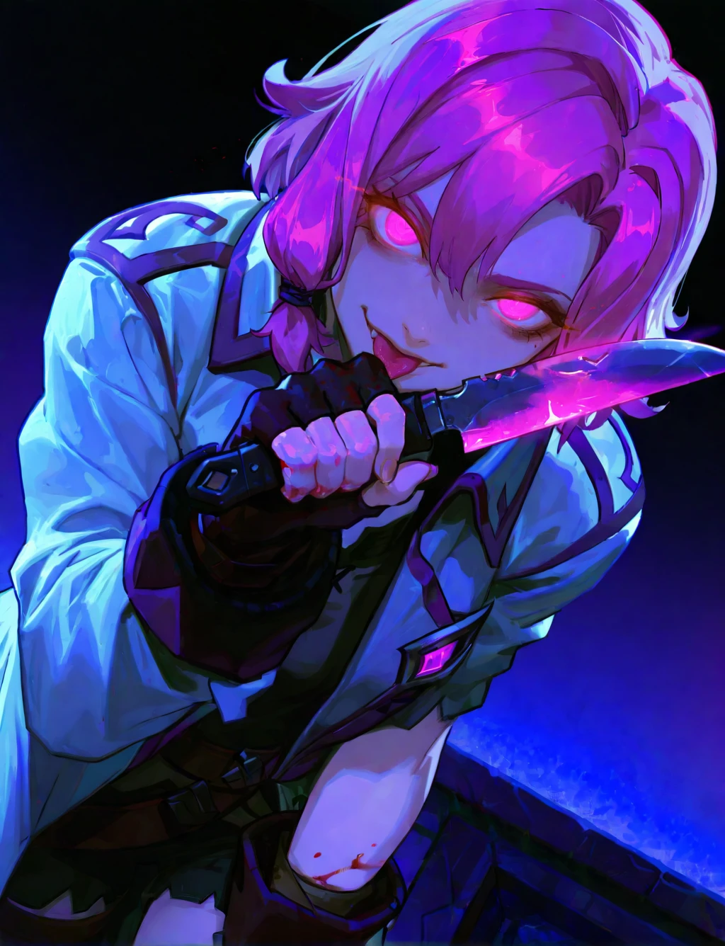 <lora:745cmSDXLvpred75S:1.3>, 748cmstyle:1.3, holding a knife in hand, reflection in knife, glowing eyes, sinister smirk, licking the blade, blood on knife, 1 girl, solo, maeve_paladins, masterpiece, best quality, amazing quality, very aesthetic, absurdres, maeve outfit, gloves, coat,  dutch angle, cinematic, BREAK, dark gradient background,  <lora:Maeve:0.7>,   <lora:MeMaXL4:1>