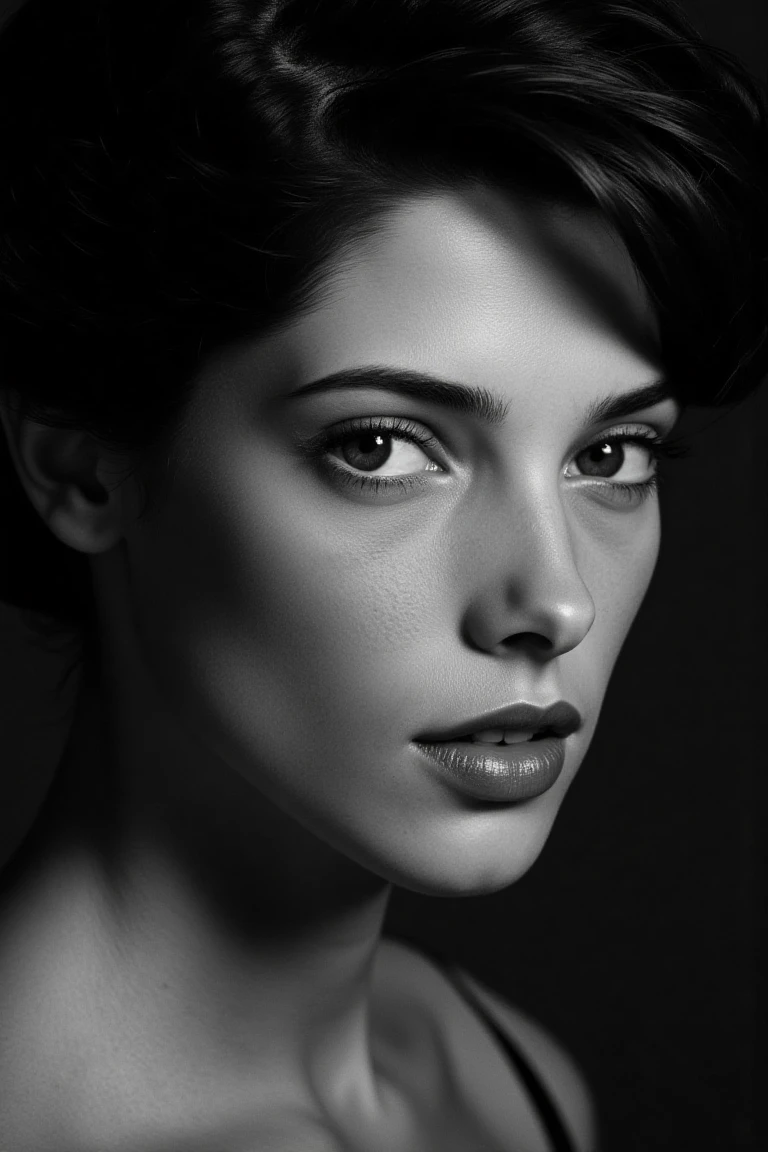 black and white portrait inspired by Peter Lindbergh's photographic style of ashgflx, a woman looking directly into the camera. ** Lighting ** must be soft and natural,avoiding exaggerated perfection,and focusing on capturing the human essence and the natural beauty of women.