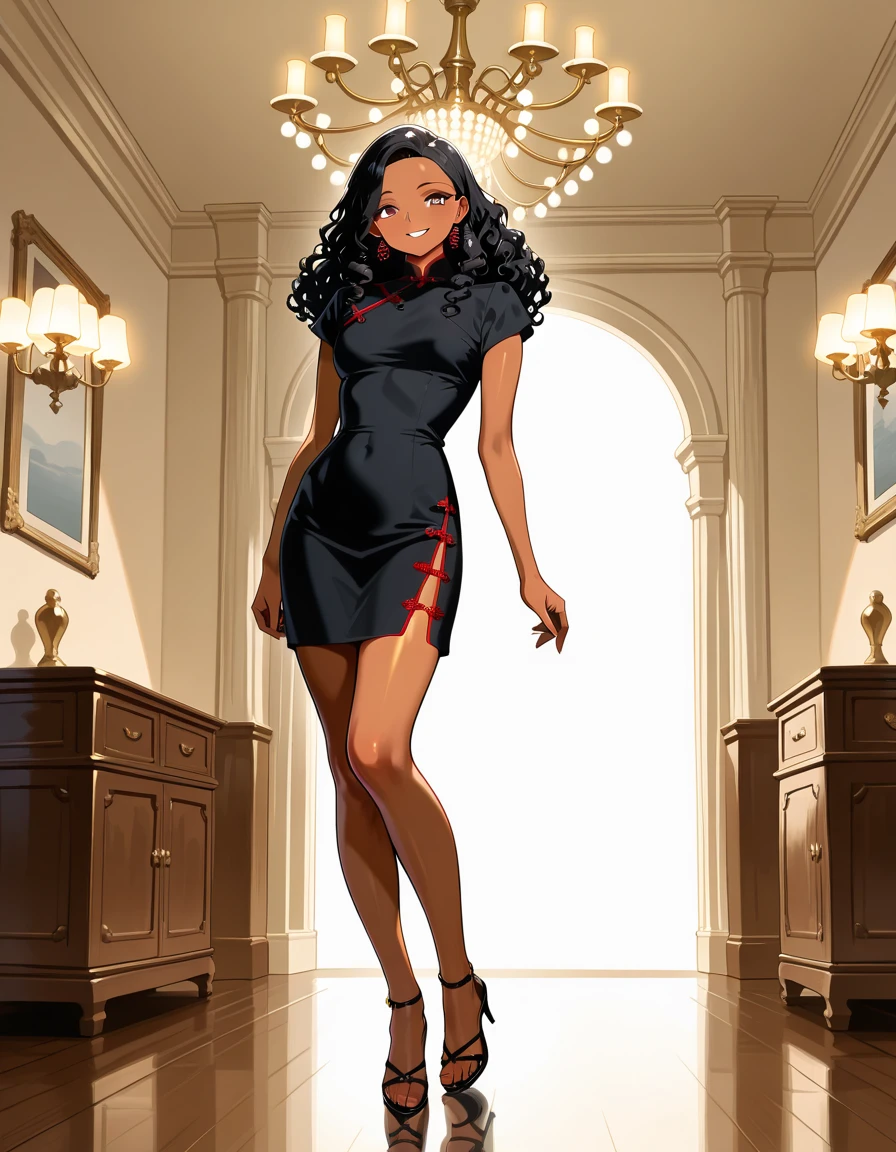 Dreamscape hud_ch1na_dr3ss, black dress, short red dress, high heels, toes, chinese clothes, solo, 1girl, long black curly hair, dark skin, <lora:hud_chinese_dress_illust:0.7>, Timeless Art Deco Master Bedroom, Geometric patterns, glossy surfaces, and a glamorous chandelier, epitomizing the opulence of the Art Deco era., smile, best quality, absurdres, masterpiece, amazing quality,  . Surreal, ethereal, dreamy, mysterious, fantasy, highly detailed