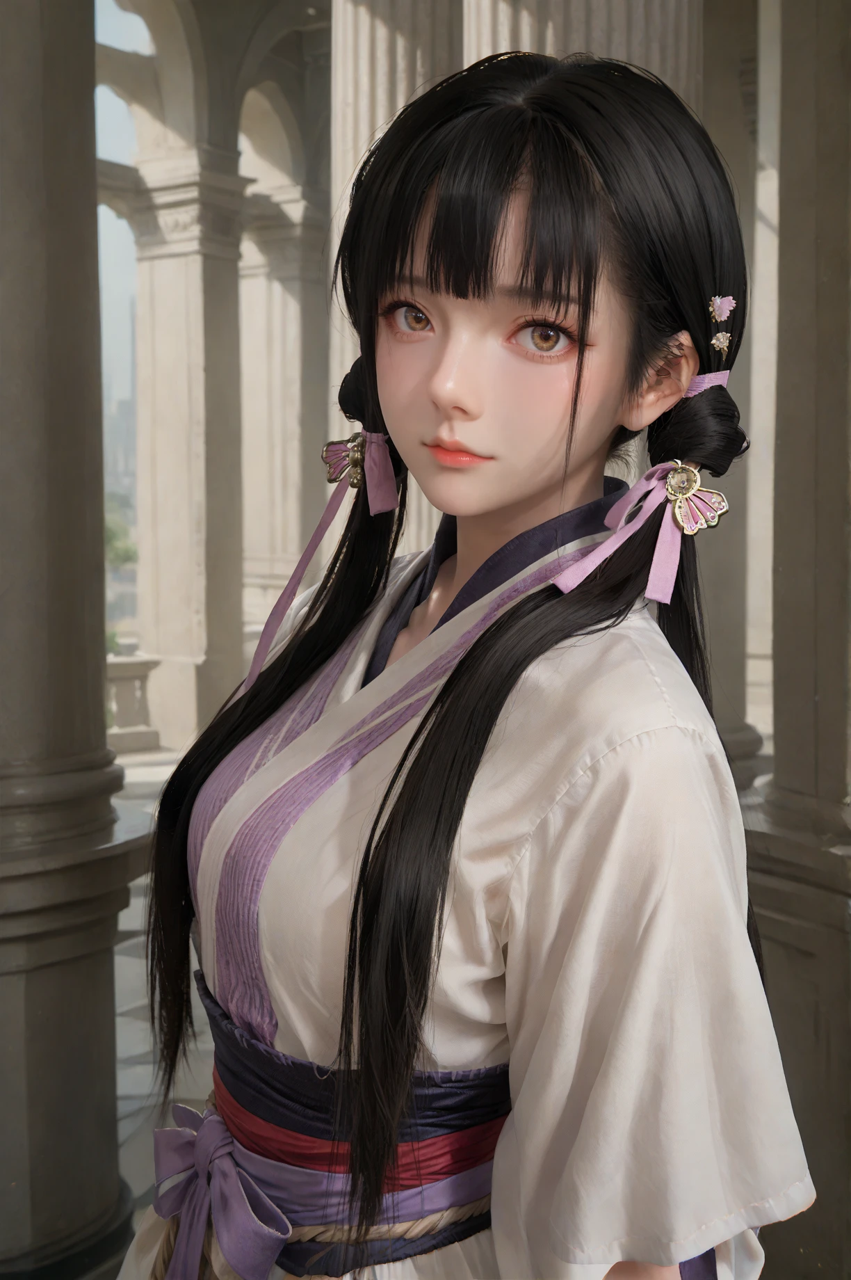 score_9, score_8_up, score_7_up, Leaning against a marble pillar in a grand ballroom, she embodies elegance and refined beauty, looking at viewer, <lora:Sister_Li_Bloody_Spell:0.7> sis_li, 1girl, solo, black hair, long hair, twintails, sash, ribbon, brown eyes, bangs, hair ornament