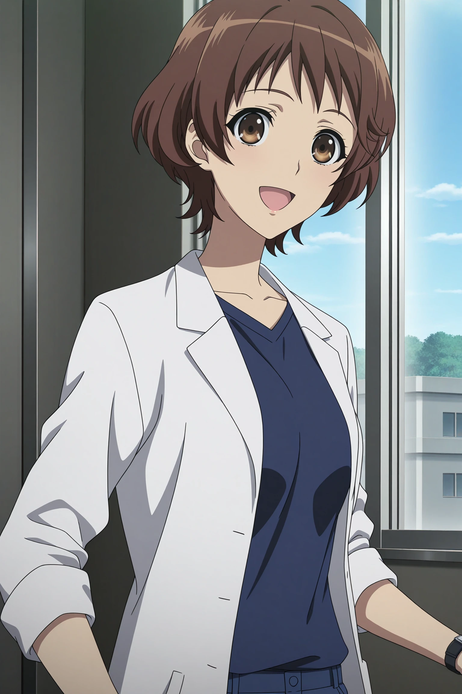 masterpiece, best quality, amazing quality, highres, absurdres, very aesthetic, high resolution, ultra detailed, perfect details, 1girl, solo, indoors, hospital, day, blue sky, window, mizuno sanae, brown hair, short hair, brown eyes, wristwatch, sandals, blue shirt, blue pants, lab coat, <lora:Sanae_Mizuno_ILXL:0.8>, (aged up:1.4), (upper body:1.2), (anime coloring:1.2), (anime screencap:1.2), smile, open mouth, (pose:1.2), looking at viewer