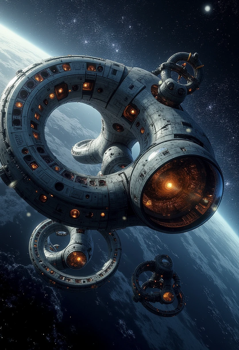 YFG-Rounded A space station shaped like a vast ring, dotted with spherical observation pods, all rotating slowly against a backdrop of infinite stars.