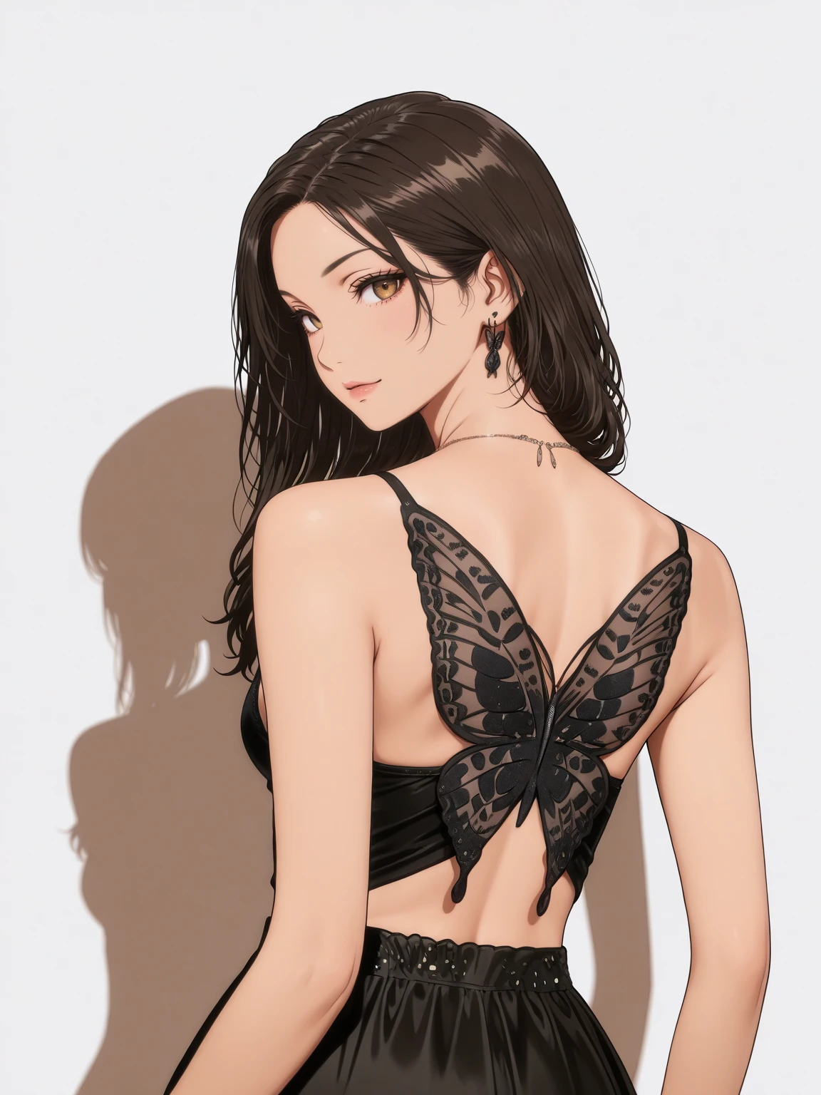 Masterpiece,best quality,vector art,looking at viewer
butterfly_top, a woman in a black dress with a butterfly back ,wearing butterfly_top, butterfly design embroidery, back view
 <lora:edgButterflyILS:1>