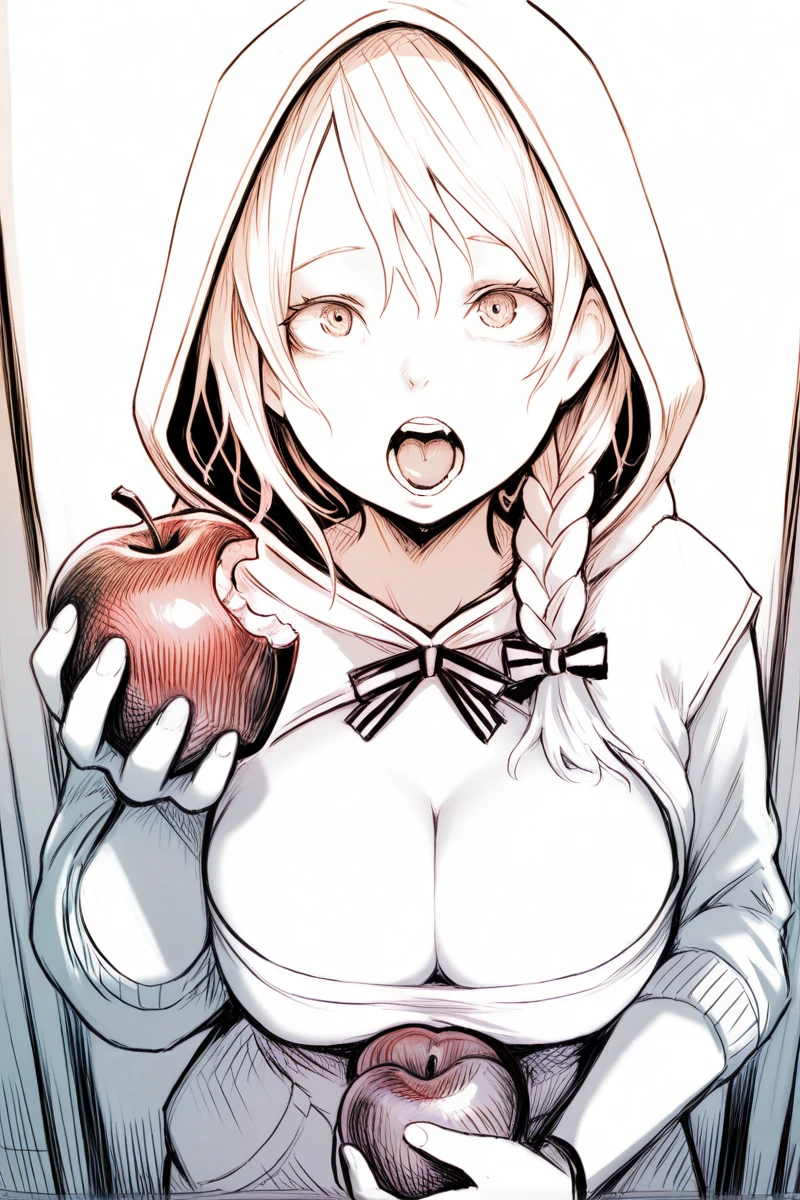 masterpiece, best quality, amazing quality,
 <lora:DisorderIL:1> disorder, 1girl, large breasts, solo, braid, cleavage, open mouth, monochrome, hood, holding apple, eat, looking at viewer