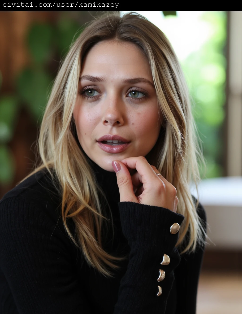 This is a high-resolution photograph of elizabeth_olsen with light skin and long, straight, blonde hair that falls over her shoulders. She has striking blue eyes, full lips painted in a neutral shade, and a subtle makeup look that accentuates her natural beauty. Her facial features are symmetrical, with a slightly upturned nose and high cheekbones. She is wearing a black, long-sleeved, ribbed turtleneck sweater with three silver buttons on the cuffs. Her right hand is delicately placed near her chin, with a ring visible on her index finger. 
In the background, the blurred image suggests an indoor setting with green foliage and wooden elements, possibly a home or garden. The overall composition of the photograph is intimate and focused on the subject, with the background subtly blurred to draw attention to her. The lighting is natural, likely from a window, creating soft shadows and highlights that enhance the texture of her sweater and the smoothness of her skin.  a serene and elegant moment, with a sophisticated, yet approachable, aesthetic.