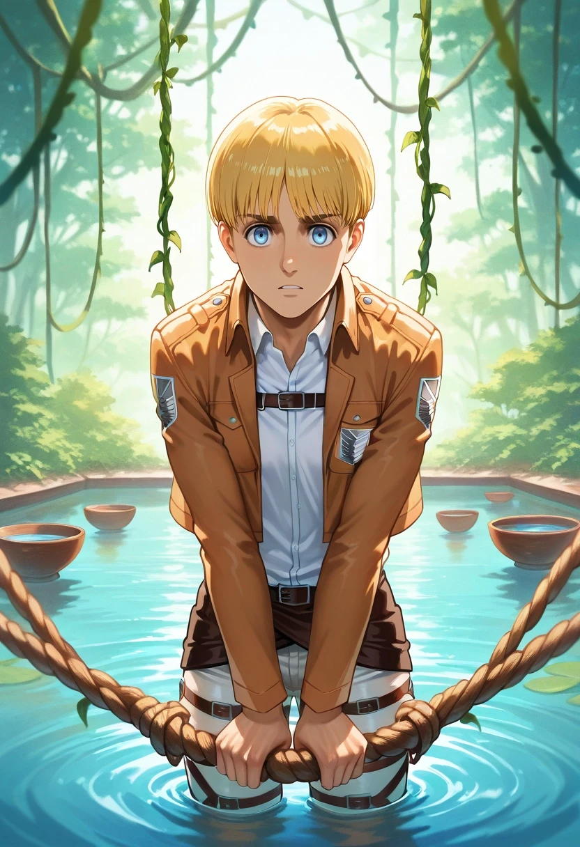 masterpiece, best quality, intricate details, (photorealistic:0.6), looking at viewer, , 1boy, solo, male focus, <lora:armin_arlert_ilxl:0.98>, armin_arlert, blonde hair, blue eyes, very short hair, bowl cut, , paradis military uniform, floating gardens, hanging vines, water features, rope bridges, balancing pose, focused expression, morning,