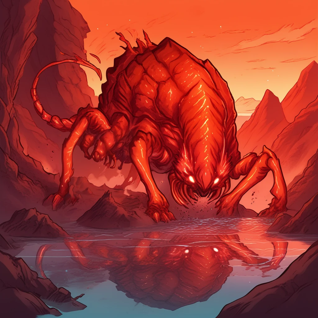 anime artwork rust monster,rust monster, drinking from a pool of molten metal, fiery cavern, glowing lava streams, heat distortion in the air, wide shot, intense orange and red lighting, otherworldly setting, detailed creature design  <lora:Rust monster - sdxl1.0:1> . anime style, key visual, vibrant, studio anime,  highly detailed