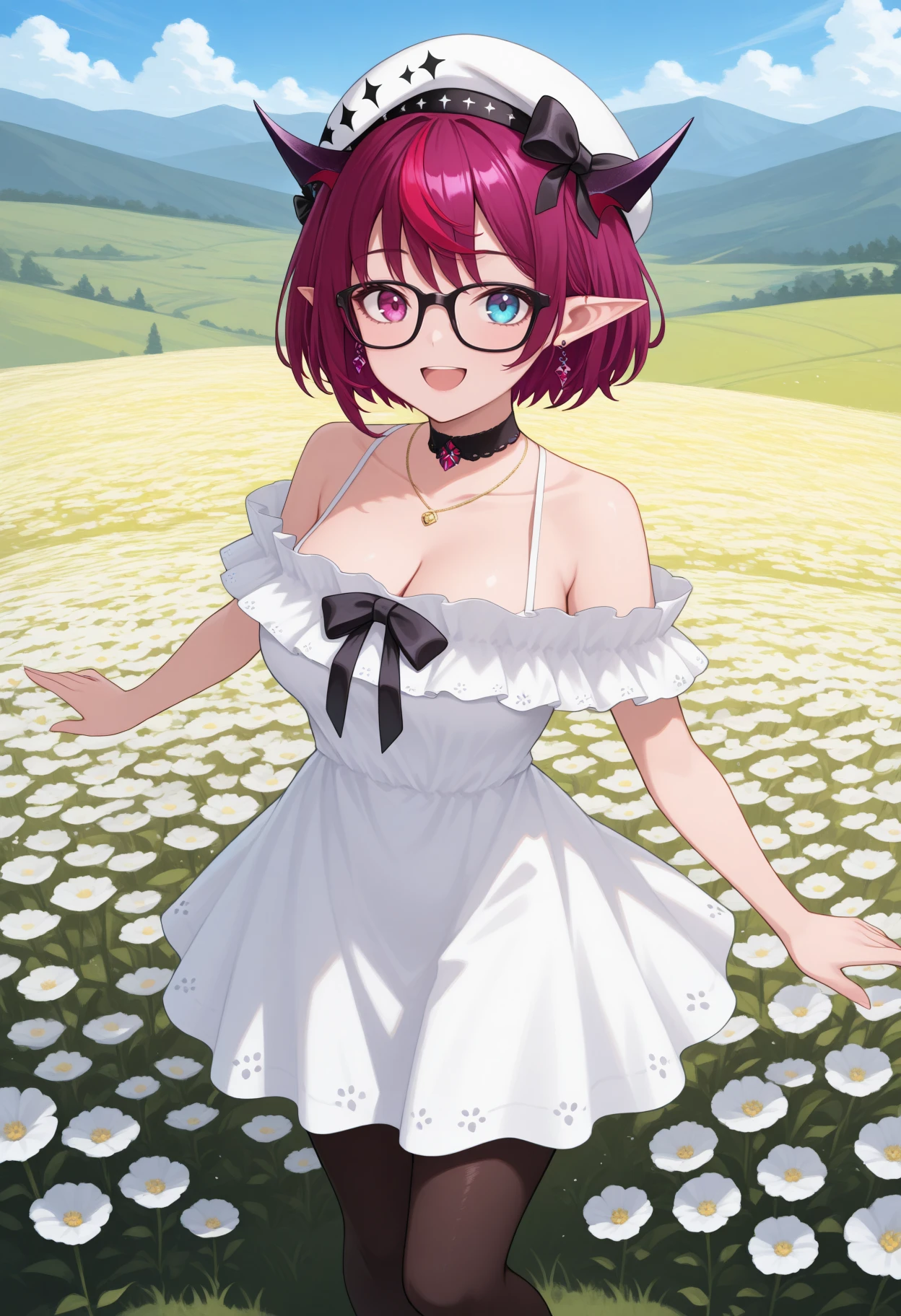 masterpiece, best quality, 1girl, solo, 1RySCas, heterochromia, purple eye, blue eye, horns, multicolored hair, purple hair, short hair, white beret, hat bow, earrings, black-framed eyewear, black choker, necklace, white dress, off-shoulder dress, black bow, black pantyhose, outdoors, hill, flower field, flower, from above, spread arms, looking at viewer, :d, smile, <lora:ChamIRySIllustriousXL:1>