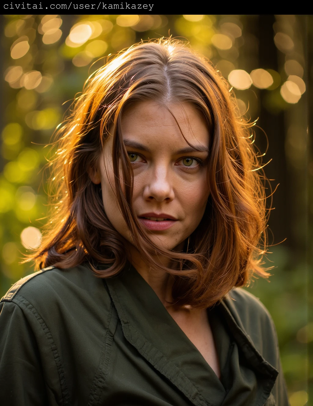This is a high-resolution photograph of lauren_cohan with long, wavy, auburn hair that flows freely around her face and shoulders. Her hair is partially obscured by a golden light, which creates a soft halo effect. She has a pale, porcelain skin complexion and expressive, hazel eyes that gaze directly at the camera with a serene yet slightly melancholic expression. Her makeup is subtle, emphasizing her natural beauty with a touch of blush and a light lipstick. She is wearing a dark green, silky robe or shawl, which adds a touch of elegance to her appearance. The background is a blurred, bokeh effect that highlights a forested area with tall trees in various shades of green, indicating a late summer or early autumn setting. The sunlight filters through the trees, creating a warm, golden glow that contrasts with the cool, earthy tones of the forest.  a moment of tranquility and introspection, with the subject appearing to be lost in thought.